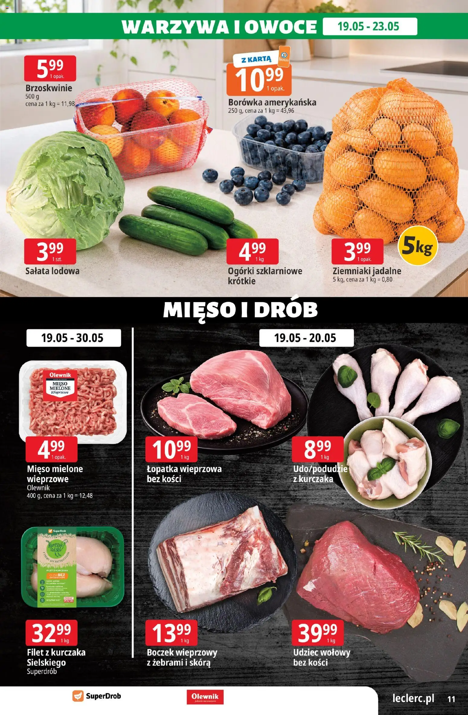 E.Leclerc gazetka - Wrocław od 19.05.2026 | Strona: 11 | Produkty: Borówka amerykańska, Mięso, Łopatka wieprzowa, Ogórki