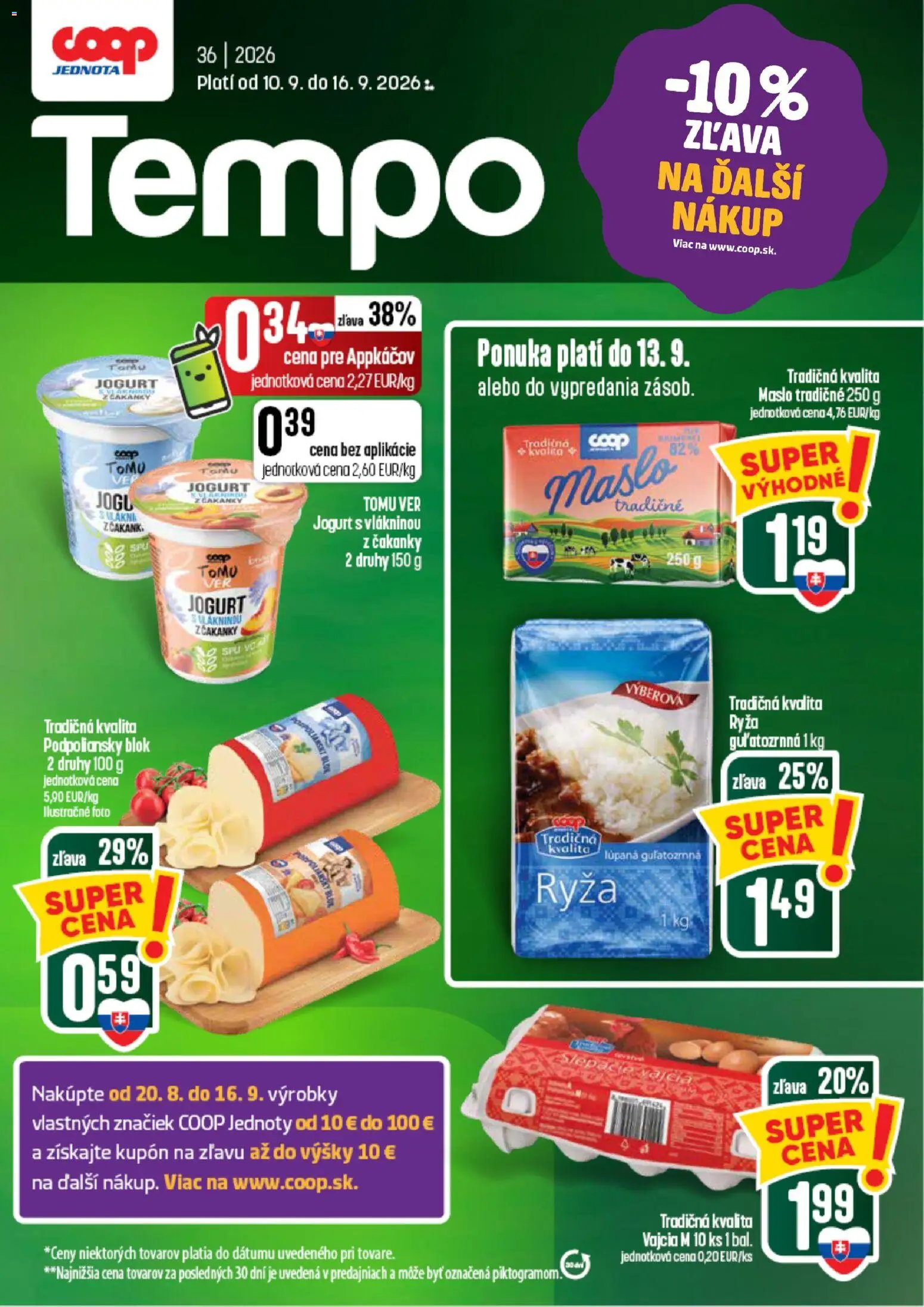 Nové COOP Jednota akcie – leták je platný od 10.09.2026 | Strana: 1 | Produkty: Vajcia M, Maslo, Jogurt, Vajcia