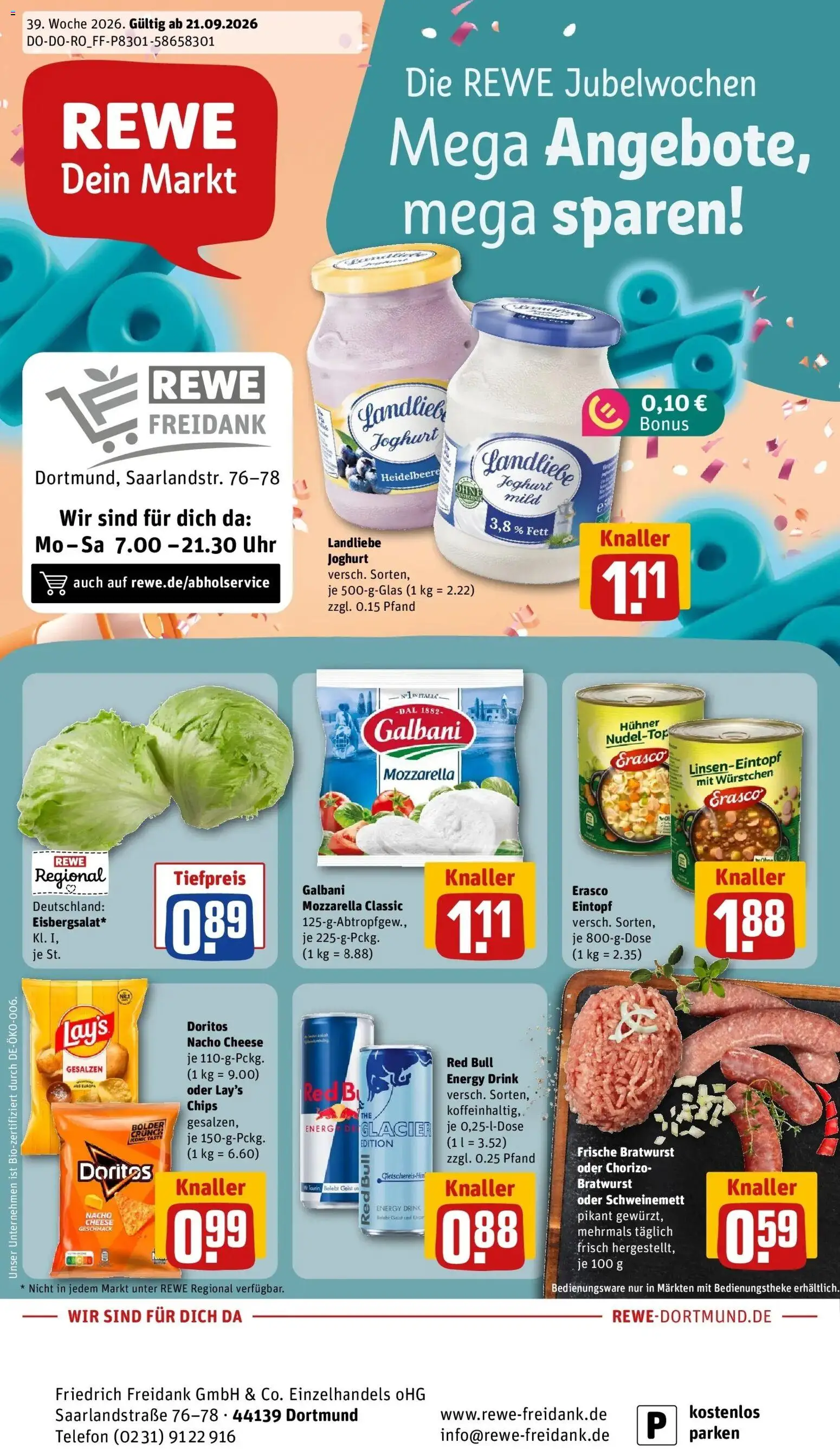 REWE Prospekt ab 21.09.2026 zum Blättern » Angebote | Seite: 1 | Produkte: Red bull, Mozzarella, Erasco, Chips