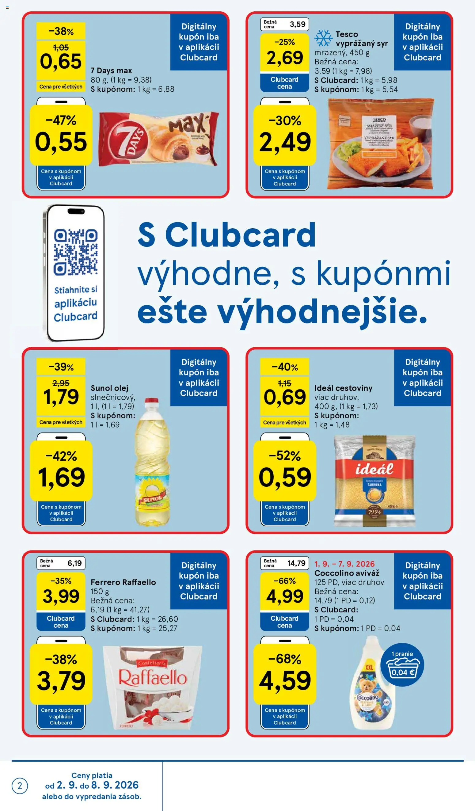 Nové Tesco akcie – leták je platný od 02.09.2026 | Strana: 2 | Produkty: Syr, Olej, Vyprážaný syr, Raffaello