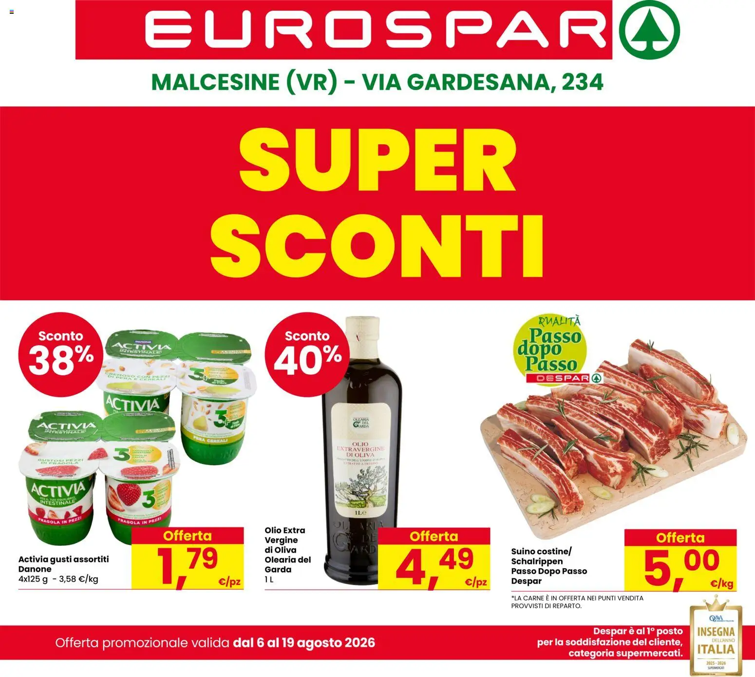 Volantino Eurospar del 06/08/2026 | Pagina: 1 | Prodotti: Suino, Olio, Pera, Carne