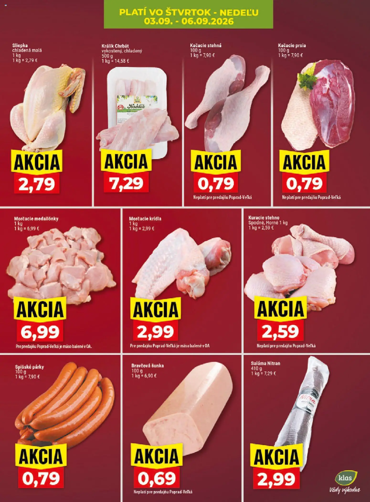 Nové Klas akcie – leták je platný od 31.08.2026 | Strana: 28 | Produkty: Kačacie prsia, Kačacie stehná, Králik, Párky