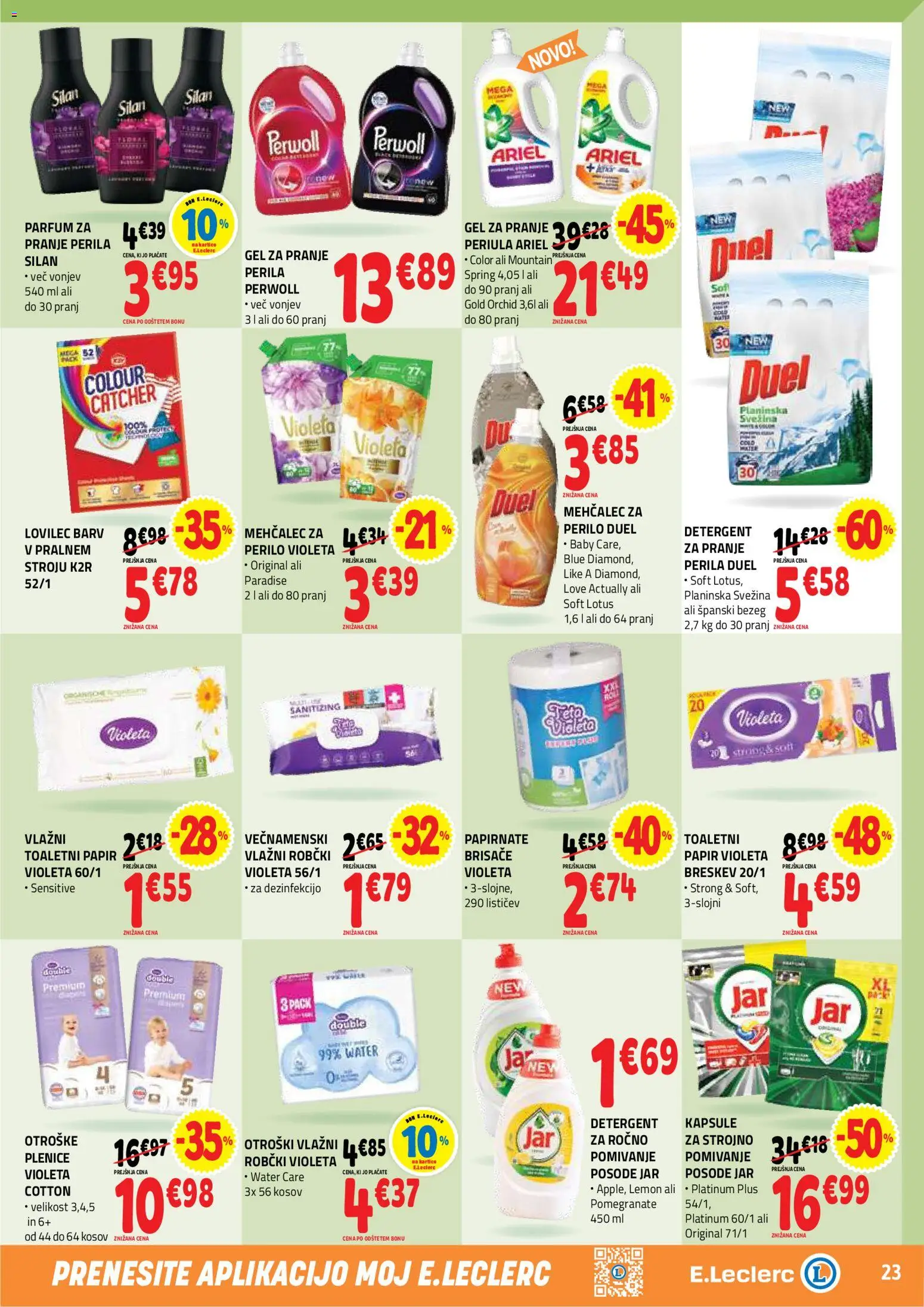 Novi E.leclerc katalog ponudbe – veljaven od 15.07.2026 | Stran: 23 | Izdelki: Plenice, Mehčalec, Toaletni papir, Breskev
