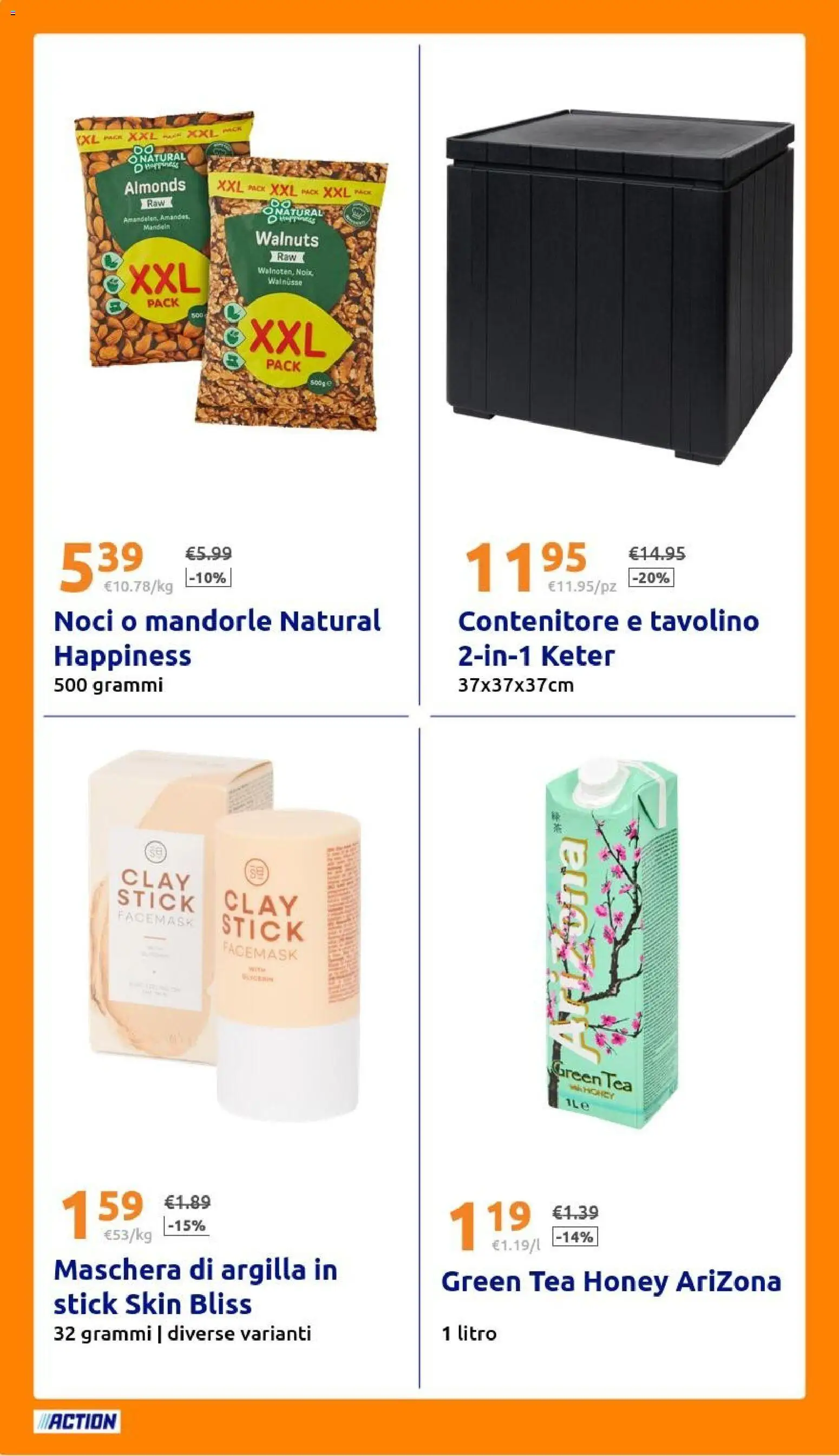 Volantino Action del 19/08/2026 | Pagina: 20 | Prodotti: Tavolino, Noci, Mandorle, Contenitore