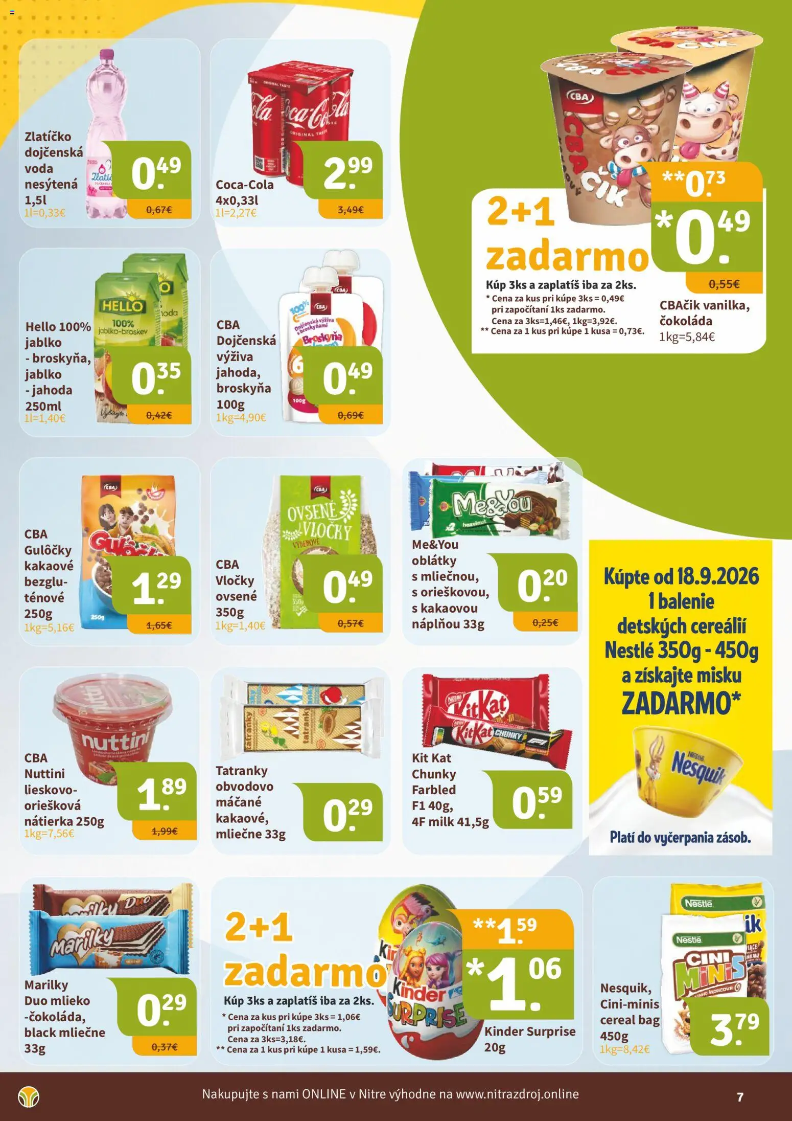 Nové Nitrazdroj akcie – leták je platný od 18.09.2026 | Strana: 7 | Produkty: Mlieko, Oblátky, Vločky, Dojčenská voda