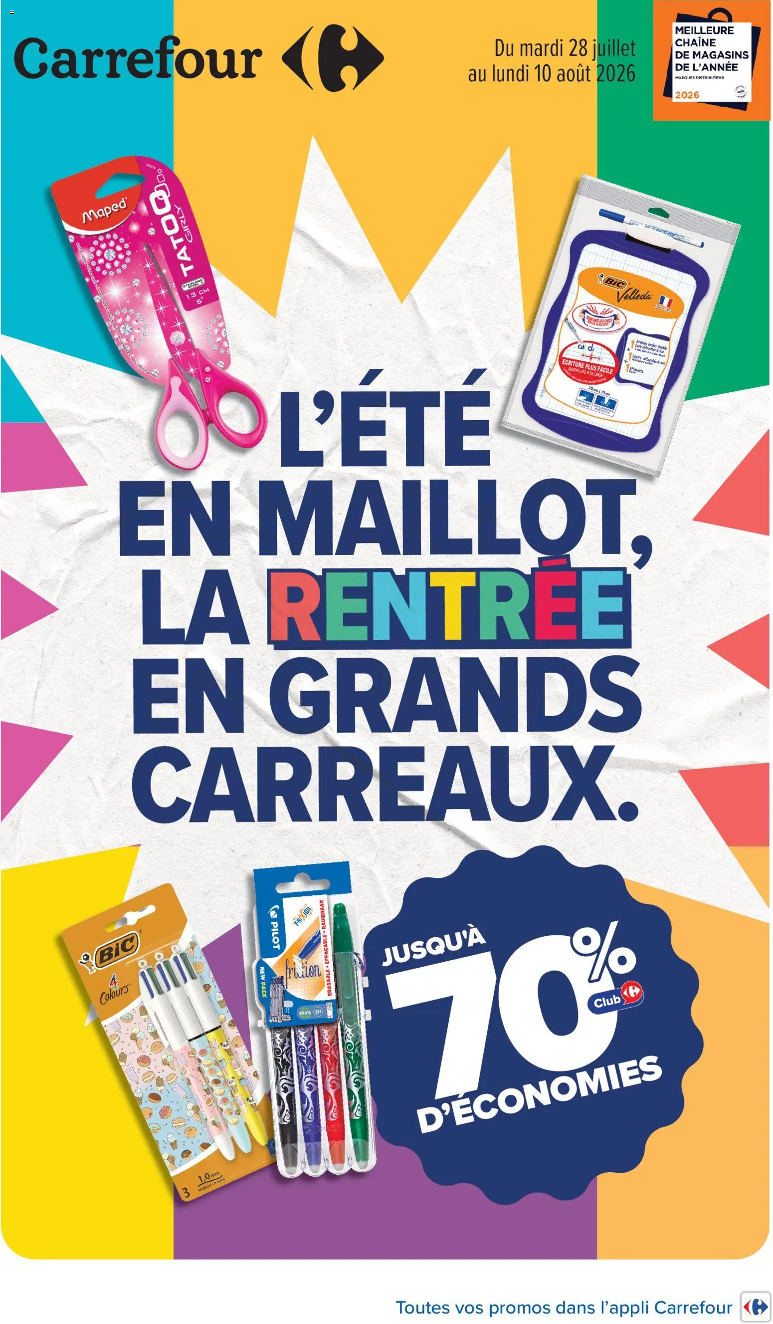 Carrefour L'été en maillot, la rentrée en grands carreaux à partir du 28/07/2026 catalogue cover