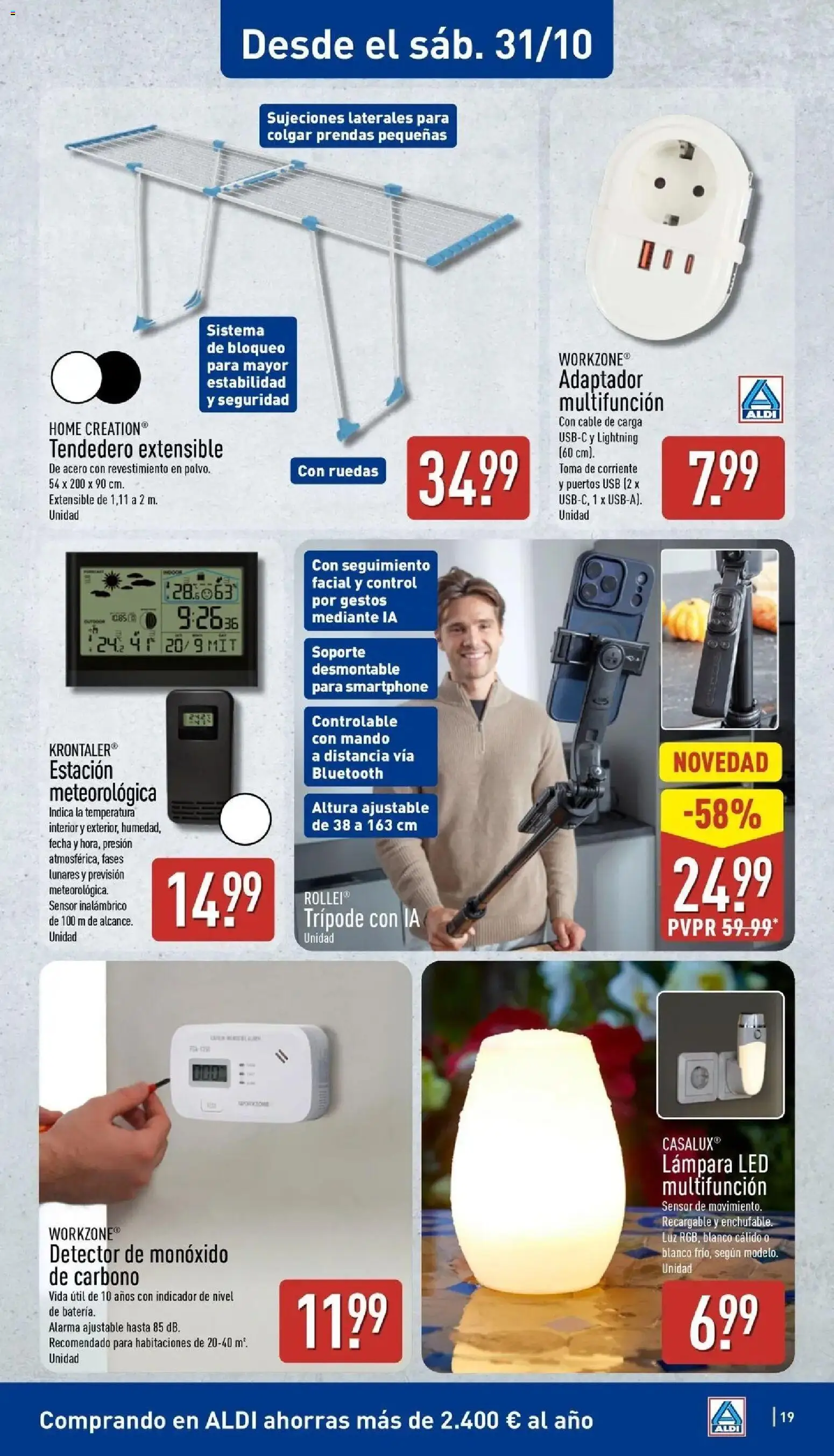 Aldi - Qué poco cuesta comprar bien │ válido desde el 26/10/2026 | Página: 19 | Productos: Tendedero, Cable, Estación meteorológica, Lámpara