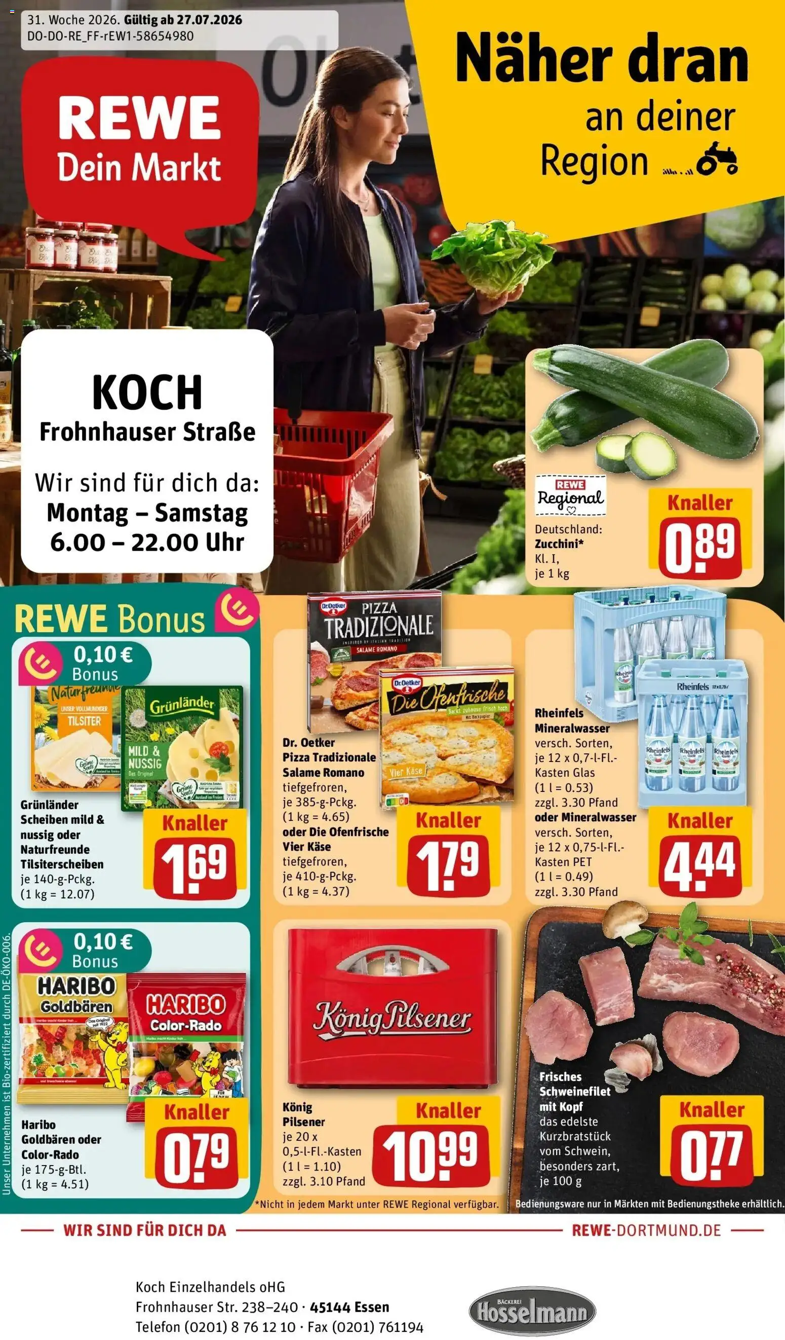 Rewe Prospekt Essen – gültig ab 27.07.2026 | Seite: 1 | Produkte: Haribo, Mineralwasser, Pizza, Uhr