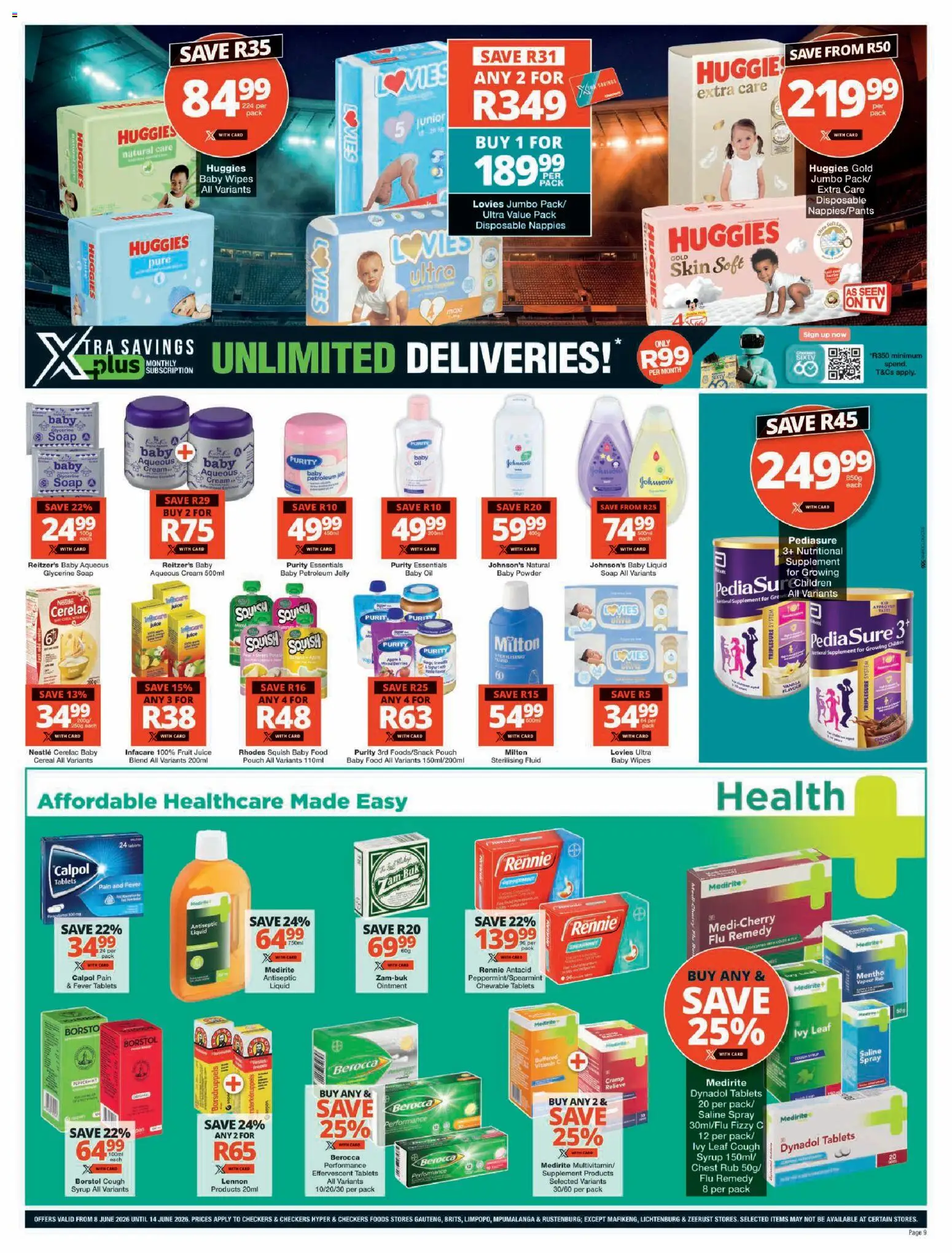 New Checkers catalogue – valid from 08.06.2026 | Page: 9 | Products: Oil, Soap, Baby food, Petroleum jelly