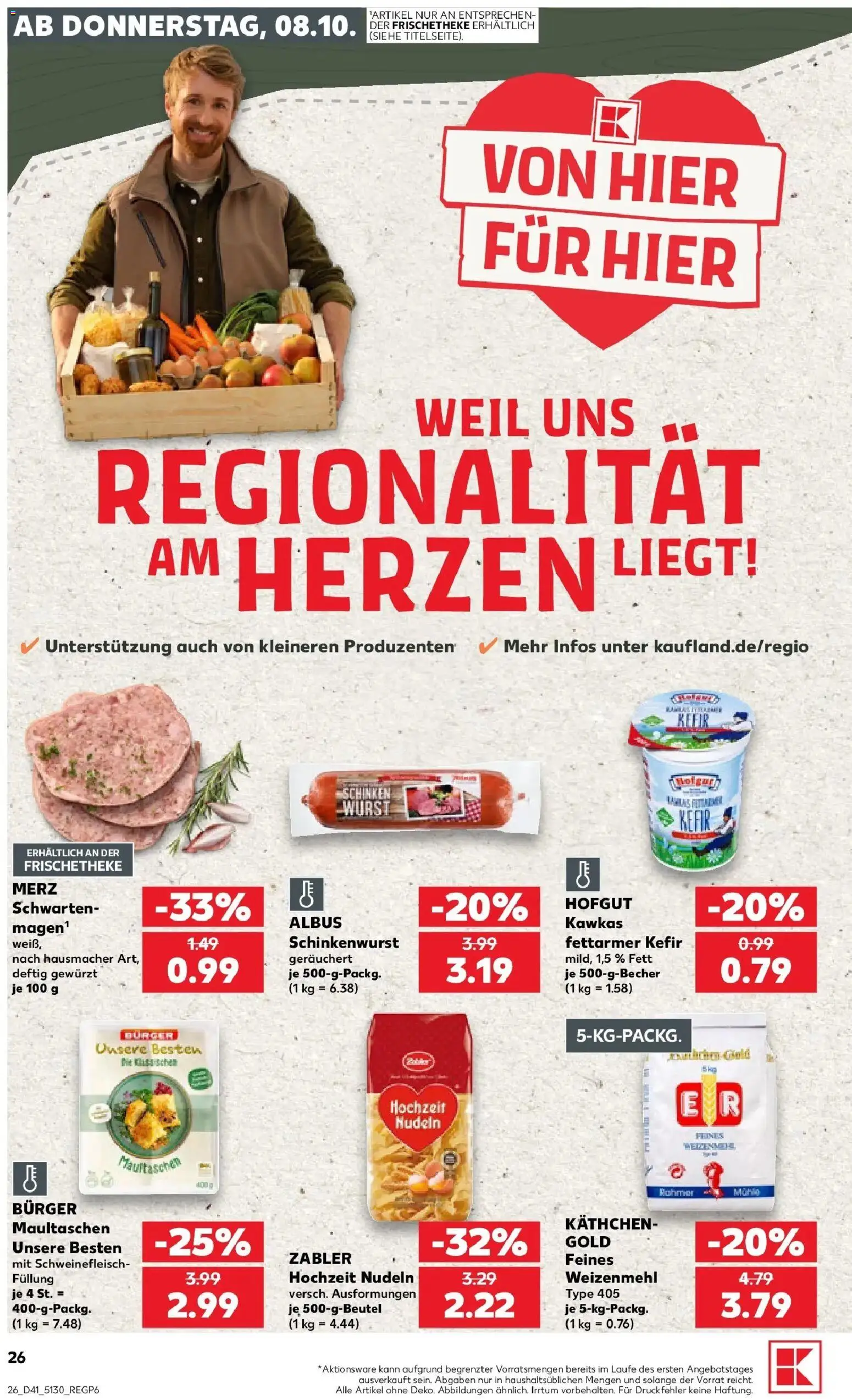 Prospekt Kaufland ab 08.10.2026 » Angebote Online zum Blättern | Seite: 26 | Produkte: Burger, Schinken, Schweinefleisch, Maultaschen