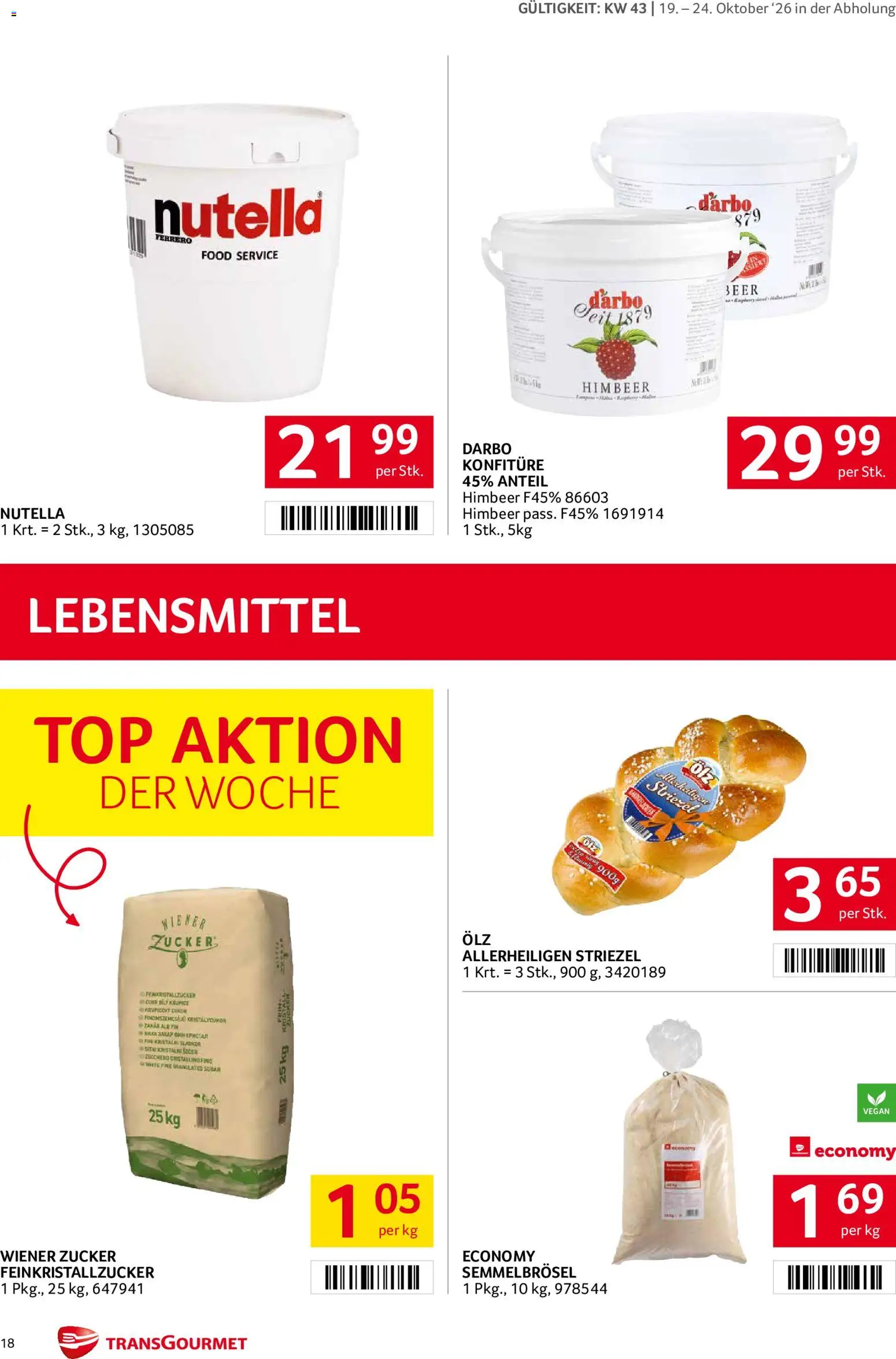 Transgourmet Broschüre gültig ab 19.10.2026 | Seite: 18 | Produkte: Zucker, Nutella, Lebensmittel