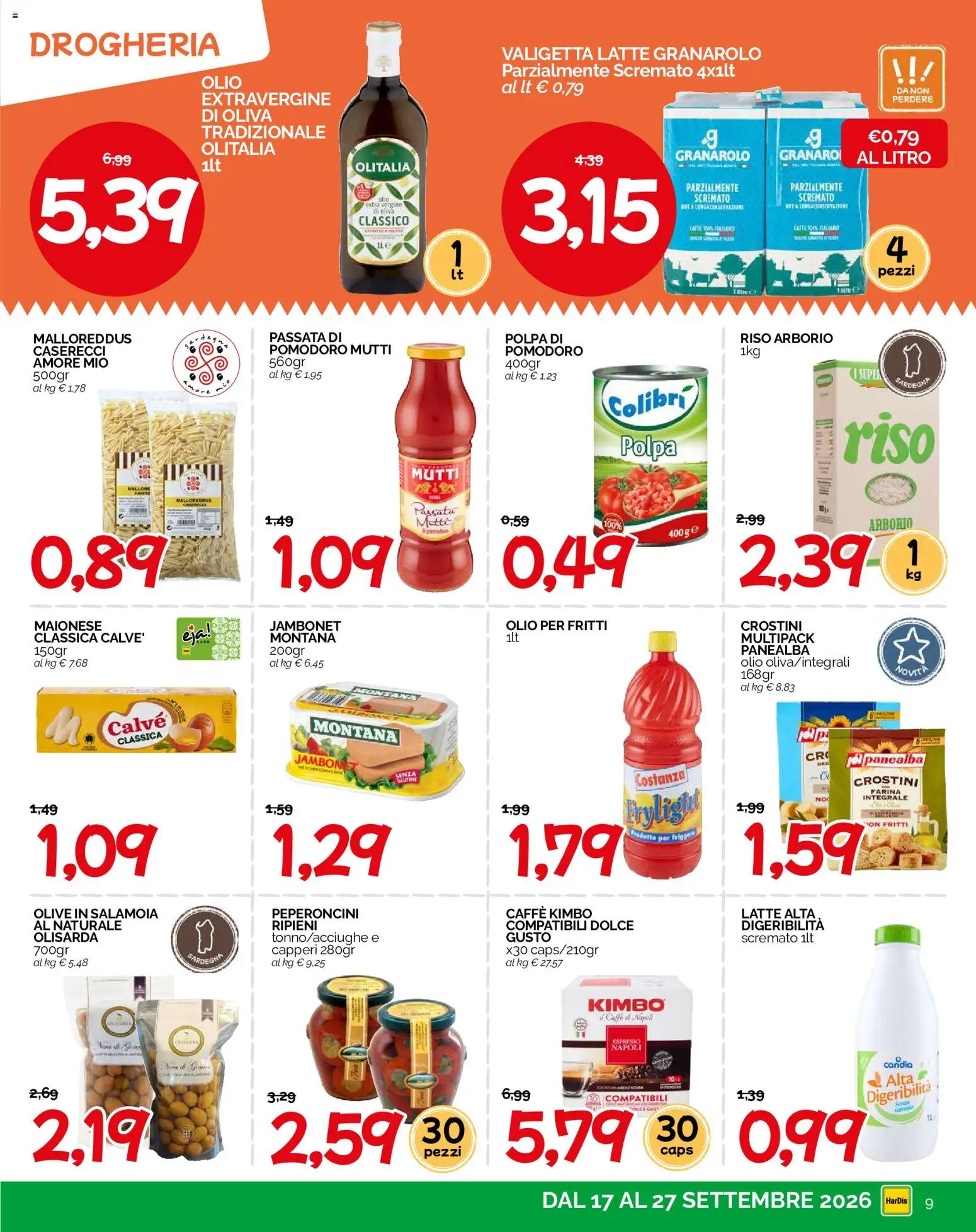 Volantino HarDis del 17/09/2026 | Pagina: 9 | Prodotti: Latte, Olio, Passata di pomodoro, Mutti