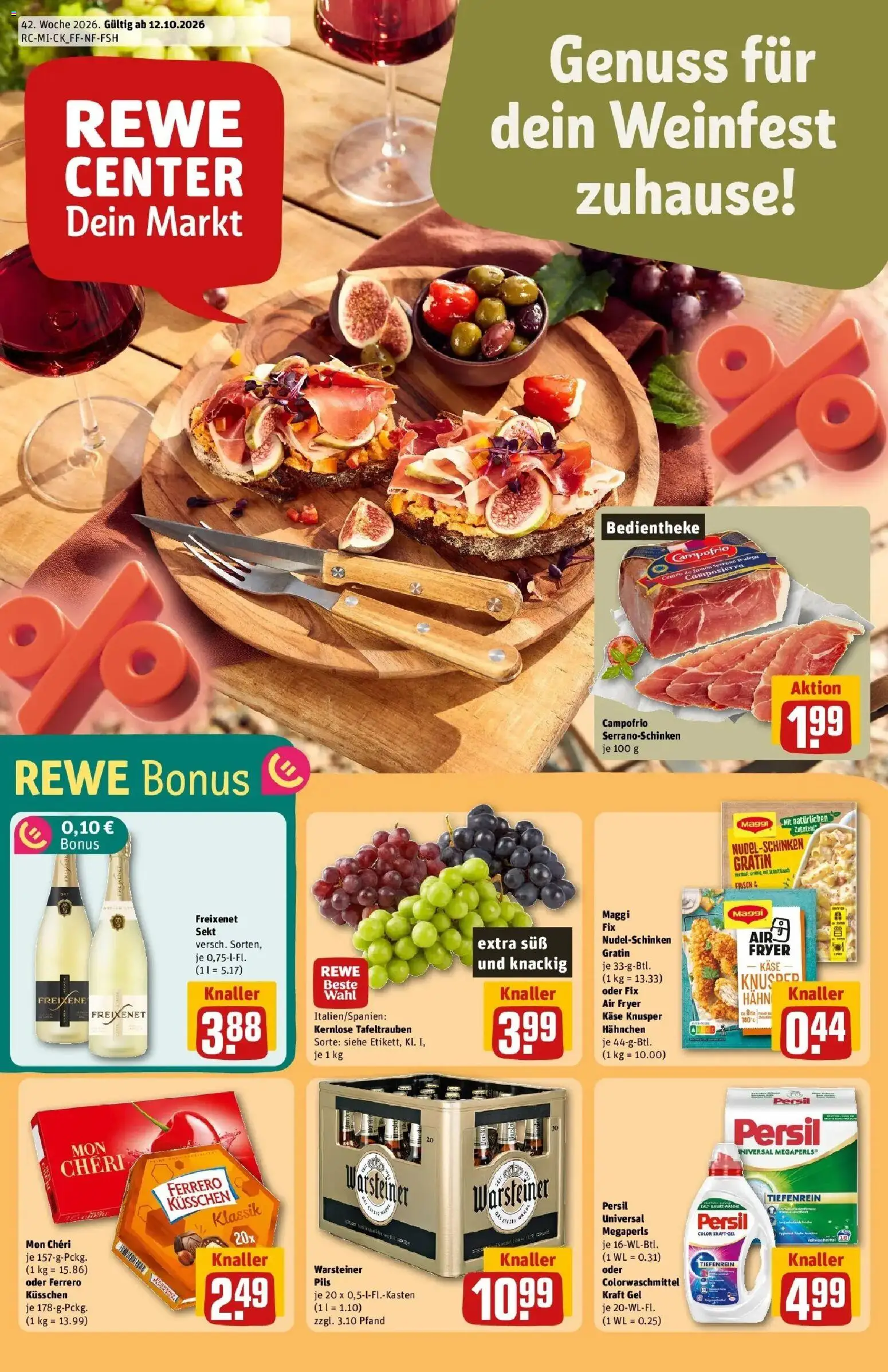 REWE Prospekt ab 12.10.2026 zum Blättern » Angebote | Seite: 1 | Produkte: Käse, Sekt, Warsteiner, Mon cheri