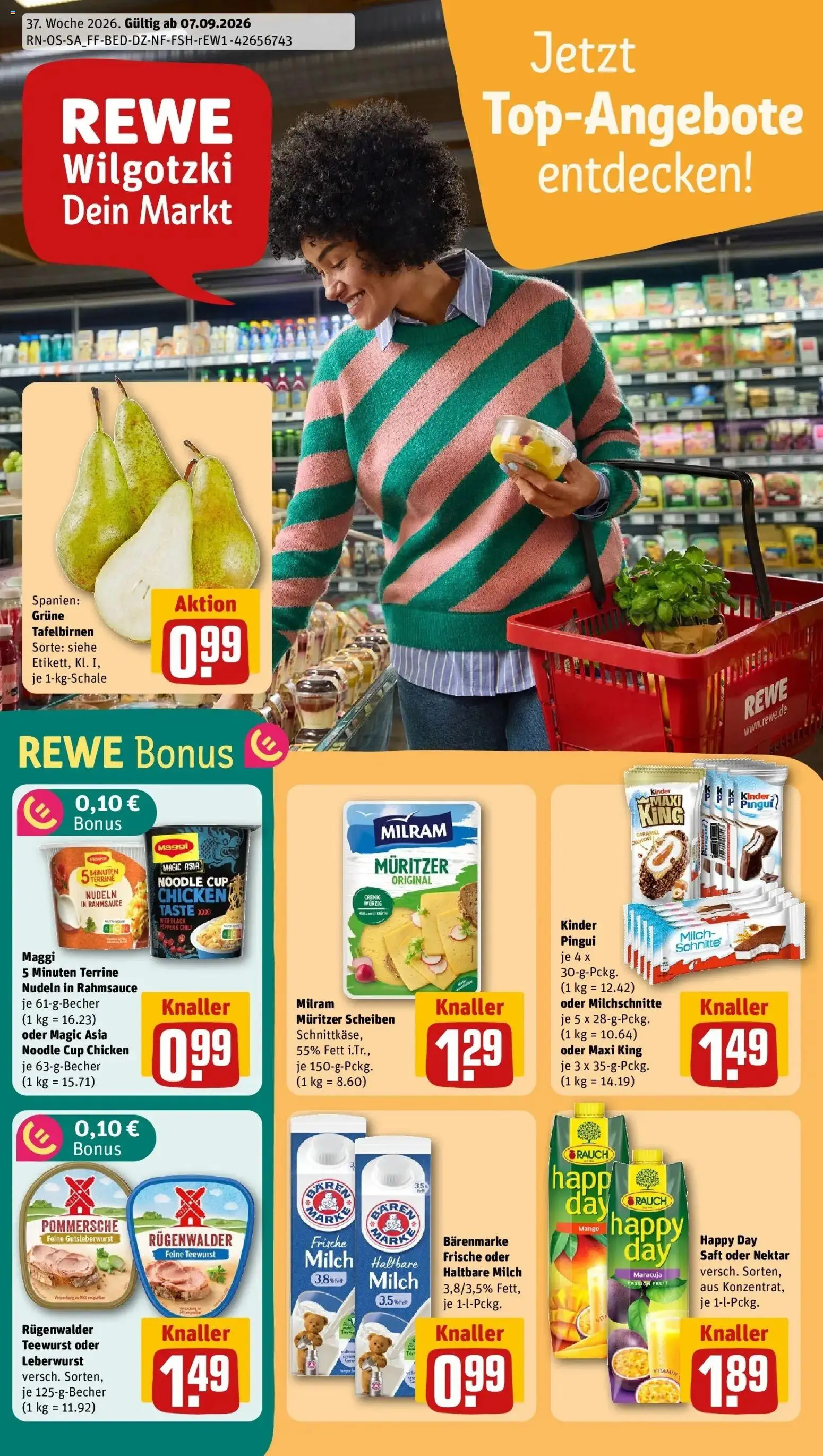 REWE Prospekt ab 07.09.2026 zum Blättern » Angebote | Seite: 1 | Produkte: Milch, Milram, Saft, Nudeln