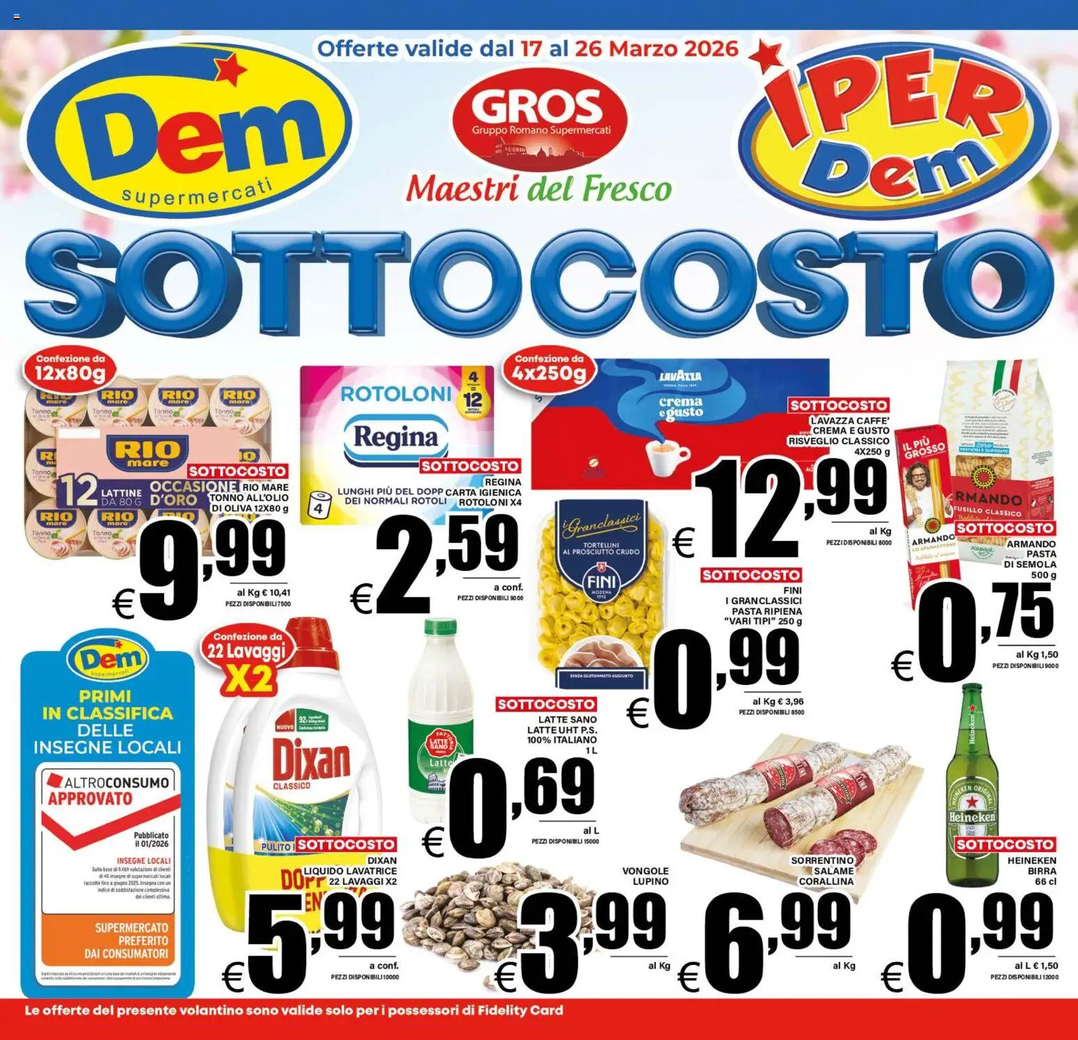 Volantino DEM del 17.03.2026 | Pagina: 1 | Prodotti: Prosciutto Crudo, Birra, Latte, Pasta