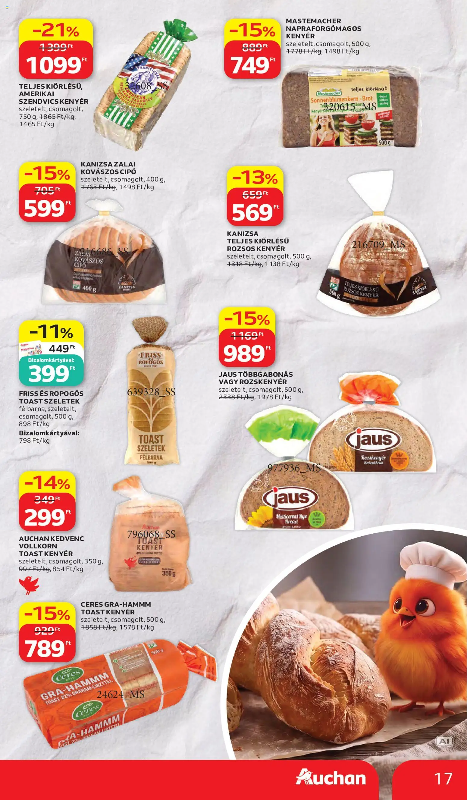 Auchan akciós ujság - amely érvényes a következő dátumtól: 2026.10.15. | Oldal: 17 | Termékek: Kovászos cipó, Szendvics, Rozskenyér, Toast kenyér