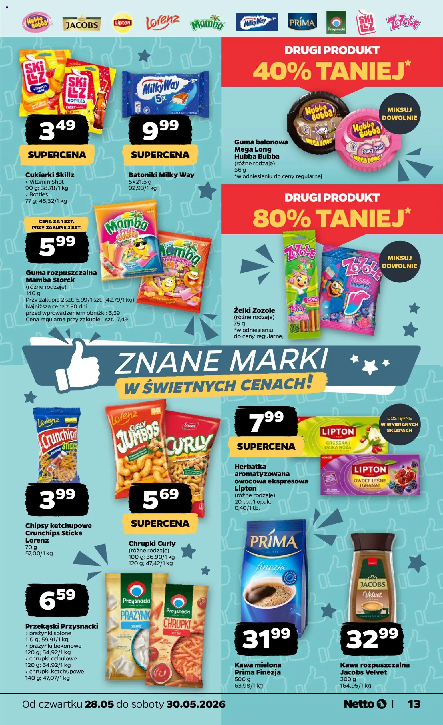 Netto gazetka od czwartku spożywcza od 28.05.2026 | Strona: 13 | Produkty: Chrupki, Kawa, Cukierki, Owoce