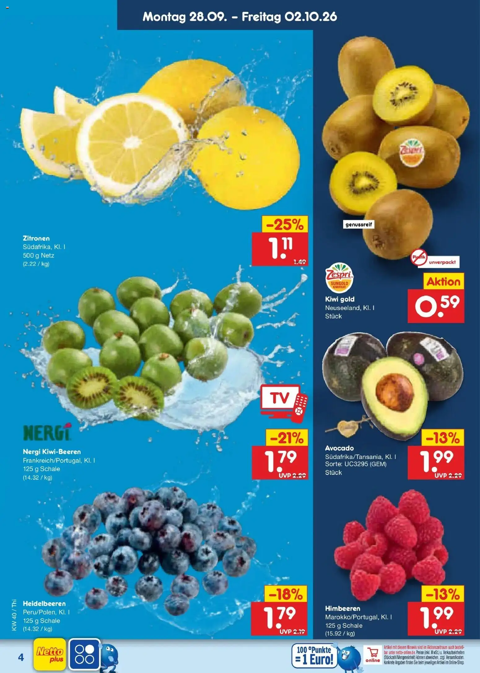 Netto Marken-Discount Prospekt Thiendorf – gültig ab 28.09.2026 | Seite: 4 | Produkte: Heidelbeeren, Avocado, Kiwi, Zitronen