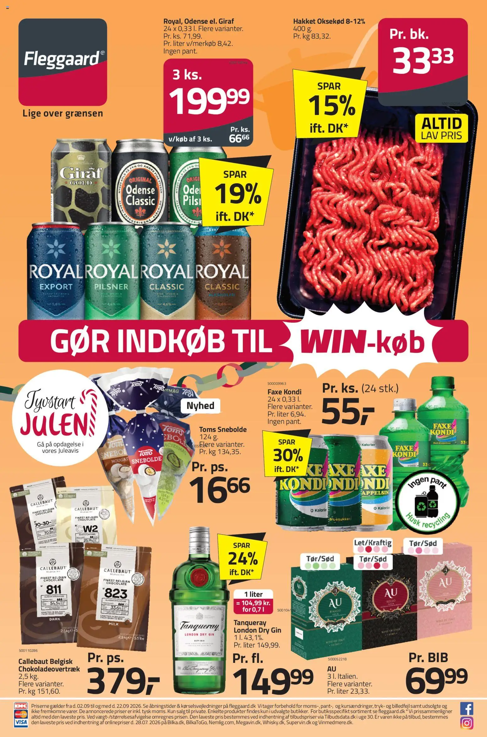 Fleggaard tilbudsavis – gyldig fra 02/09/2026 | Side: 1 | Produkter: Gin, Oksekød, Faxe Kondi, Nougat