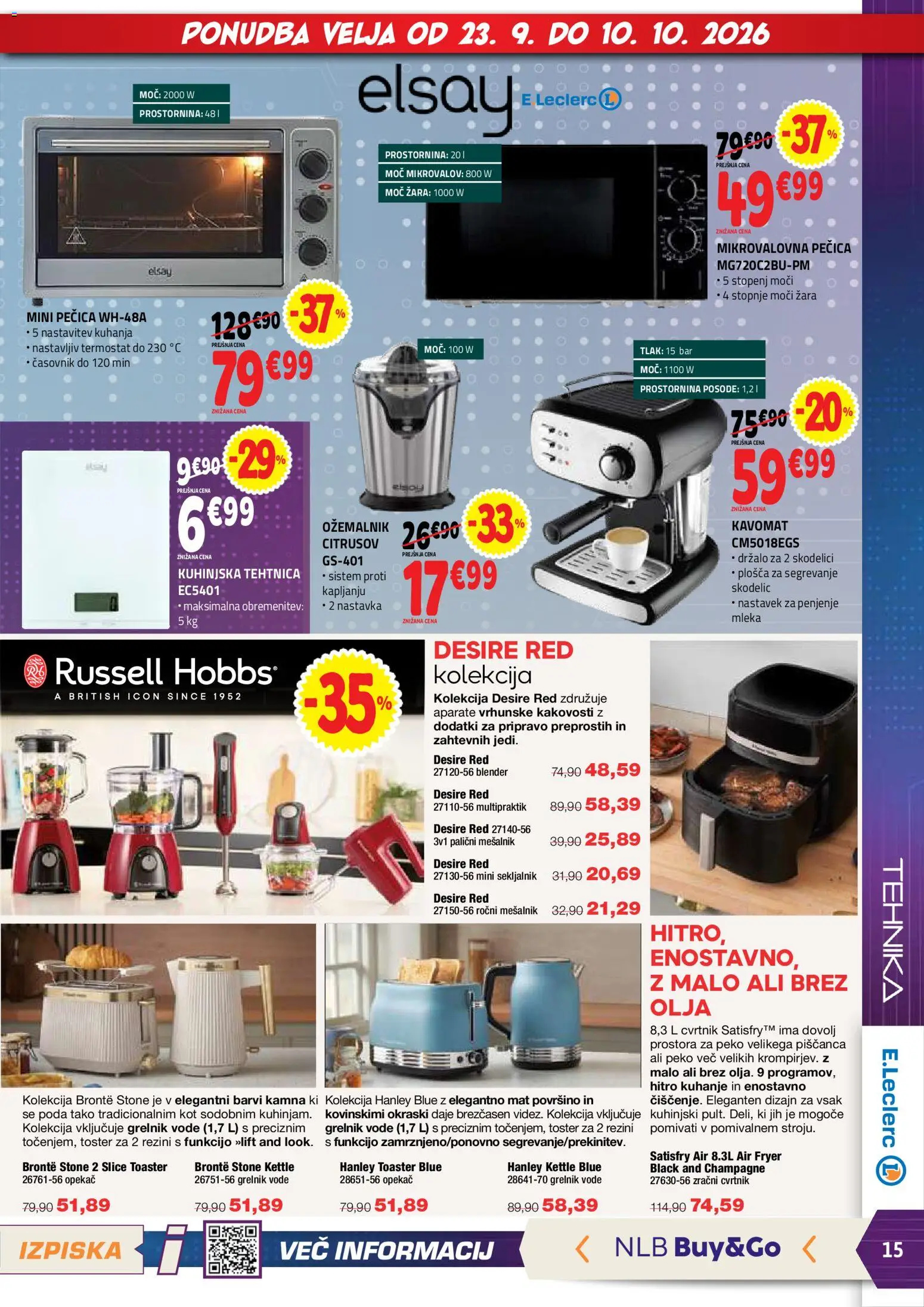 Novi E.leclerc katalog ponudbe – veljaven od 23.09.2026 | Stran: 15 | Izdelki: Pecica, Mikrovalovna pecica, Toaster, Grelnik vode