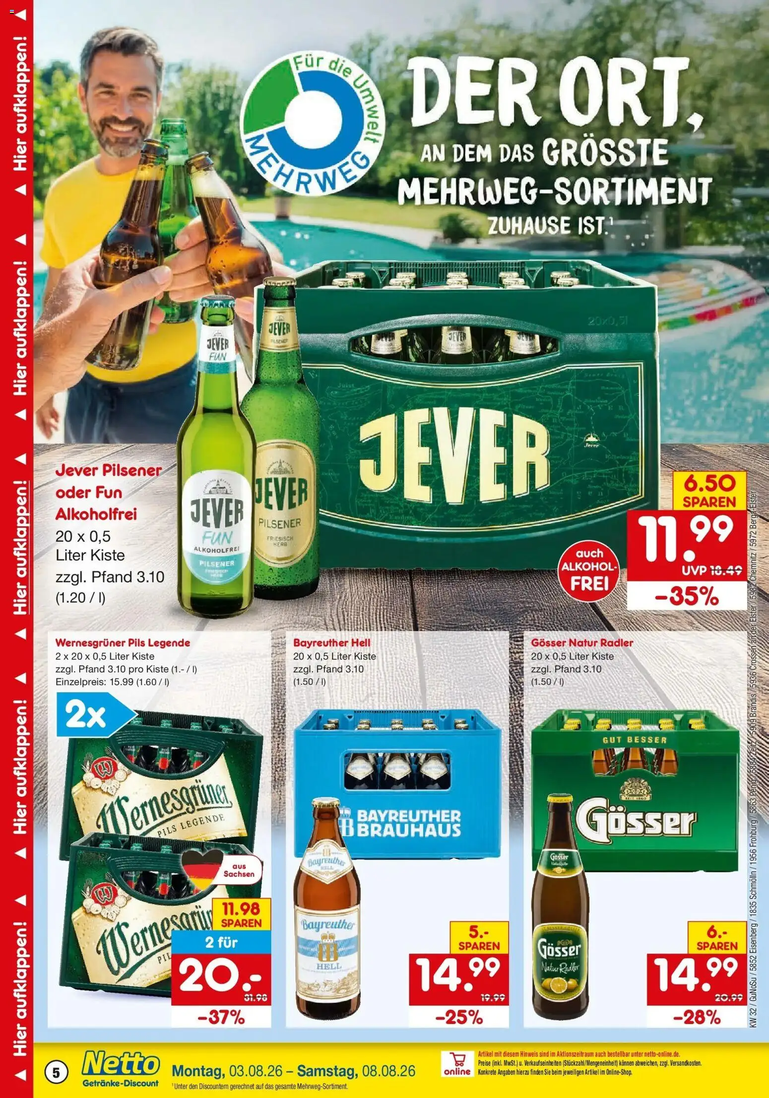 Netto Marken-Discount Prospekt Brandis – gültig ab 03.08.2026 | Seite: 5 | Produkte: Bayreuther hell, Pils, Wernesgruner, Jever