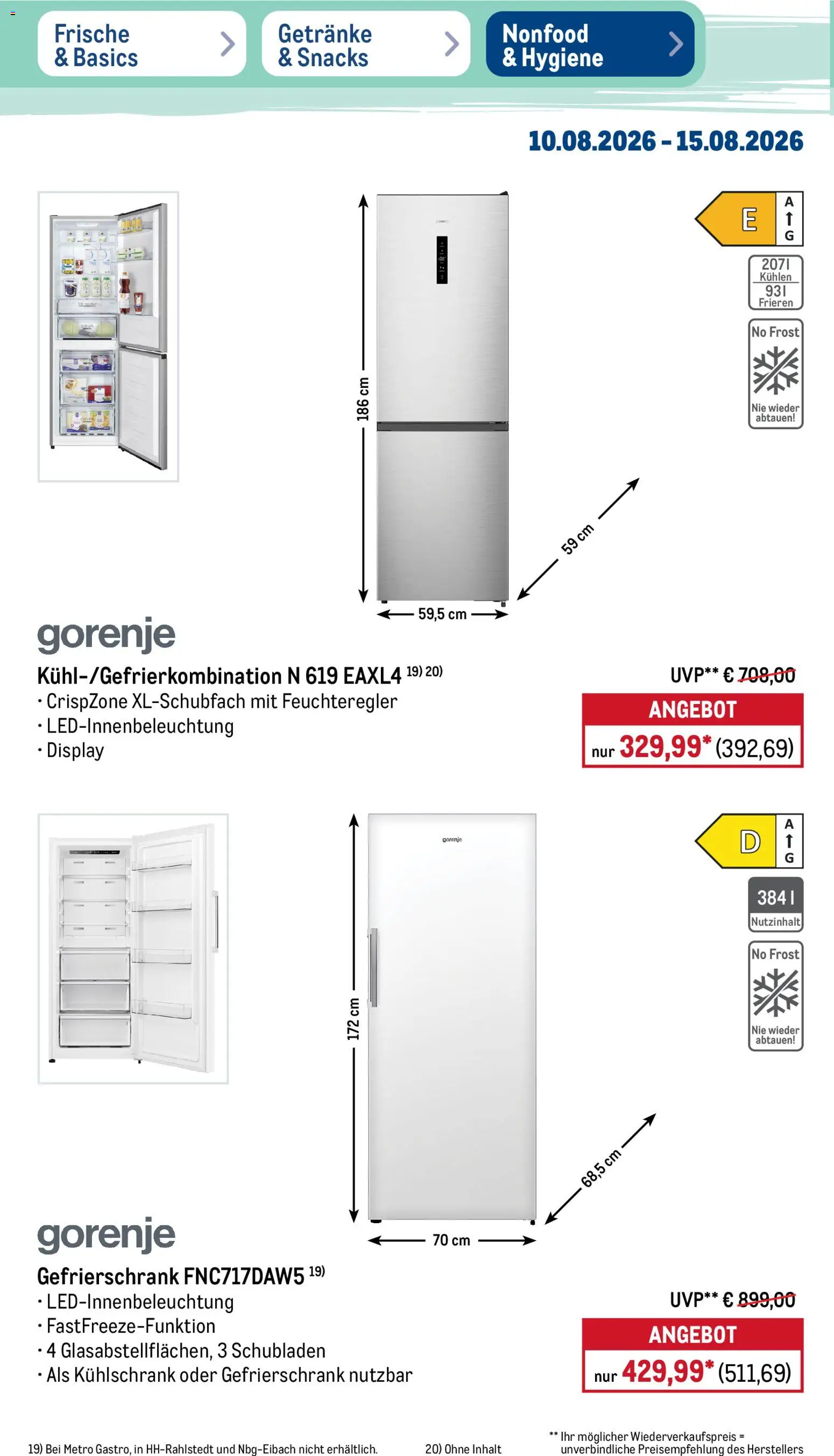 Metro NonFood-Angebote – gültig ab 10.08.2026 | Seite: 9 | Produkte: Gorenje, Gefrierschrank, Kühlschrank
