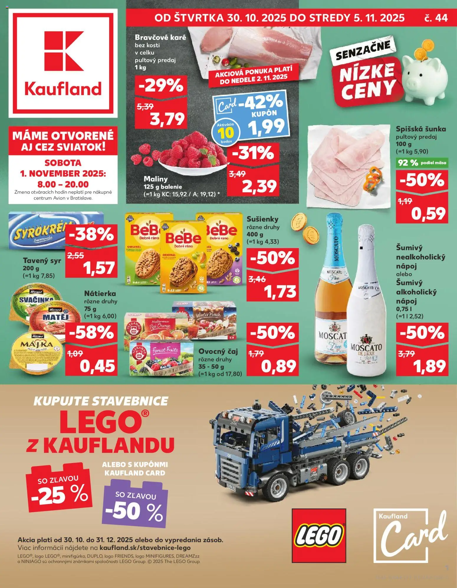 Nové Kaufland akcie – leták je platný od 30.10.2025 | Strana: 1 | Produkty: Nátierka, LEGO, Bravčové karé, Maliny