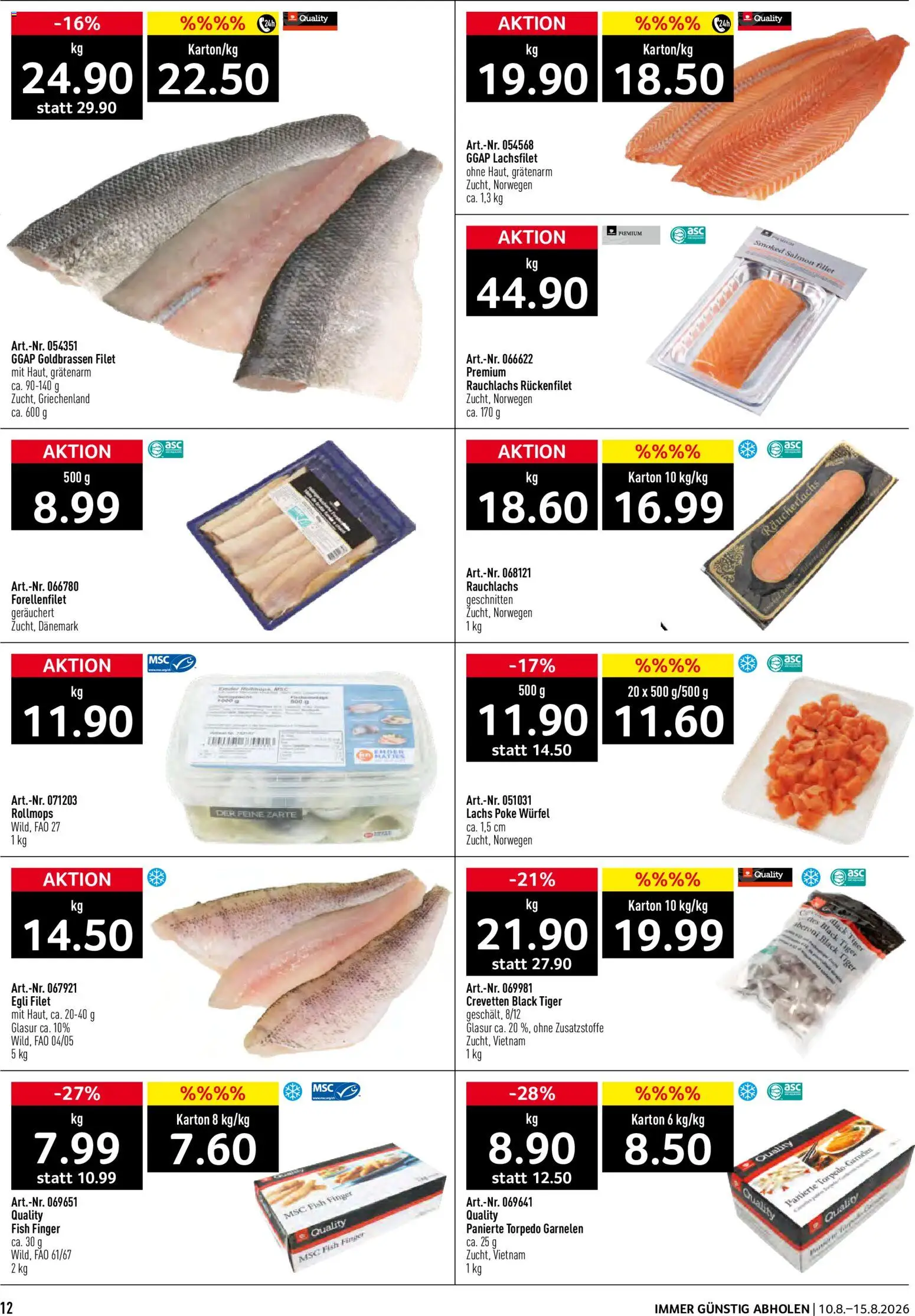 Prodega aktionen – gültig ab 10.08.2026 | Seite: 12 | Produkte: Garnelen, Lachs, Räucherlachs