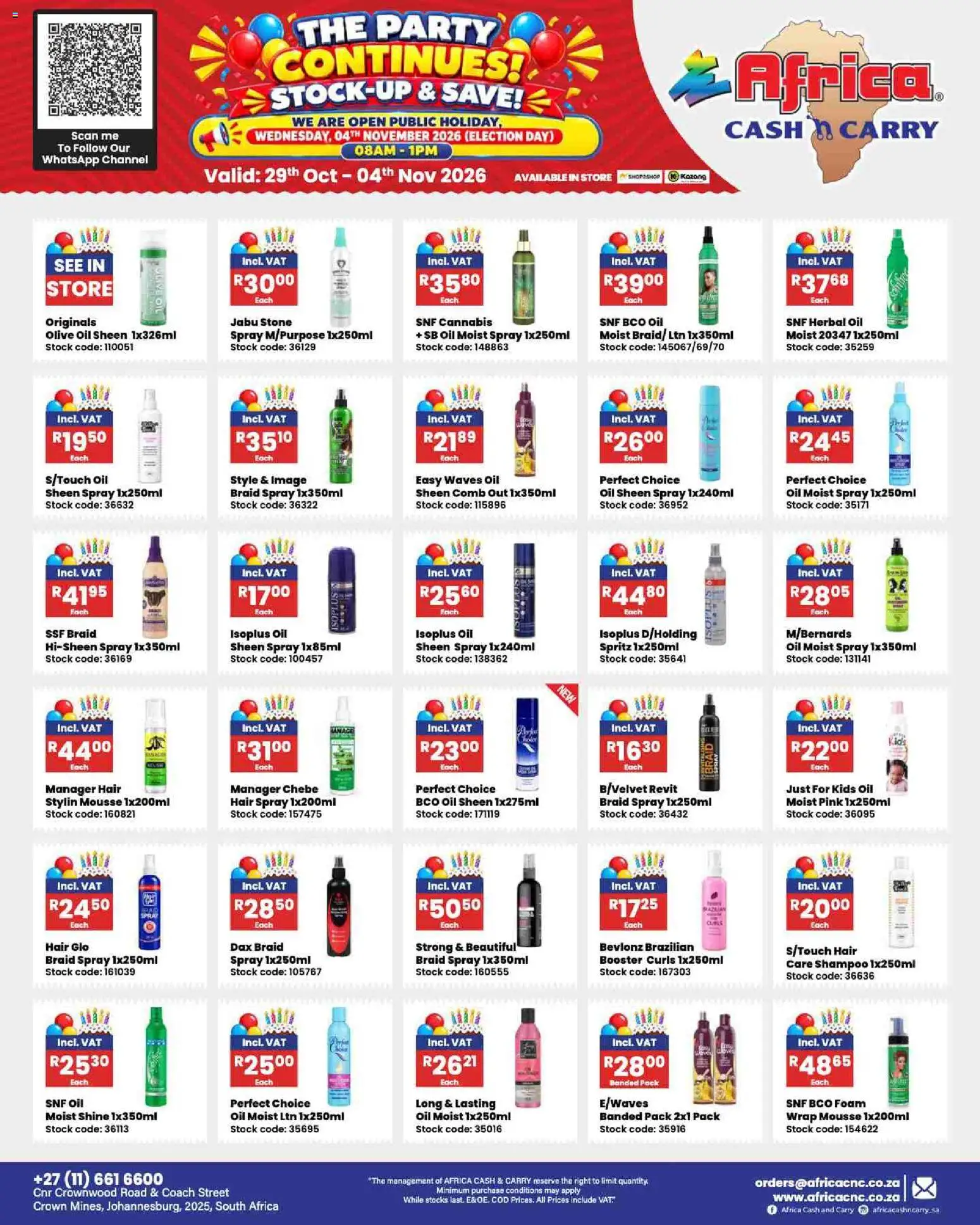 New Africa Cash & Carry catalogue – valid from 29/10/2026 | Page: 1 | Products: Oil, Shampoo, Hair spray, Stock