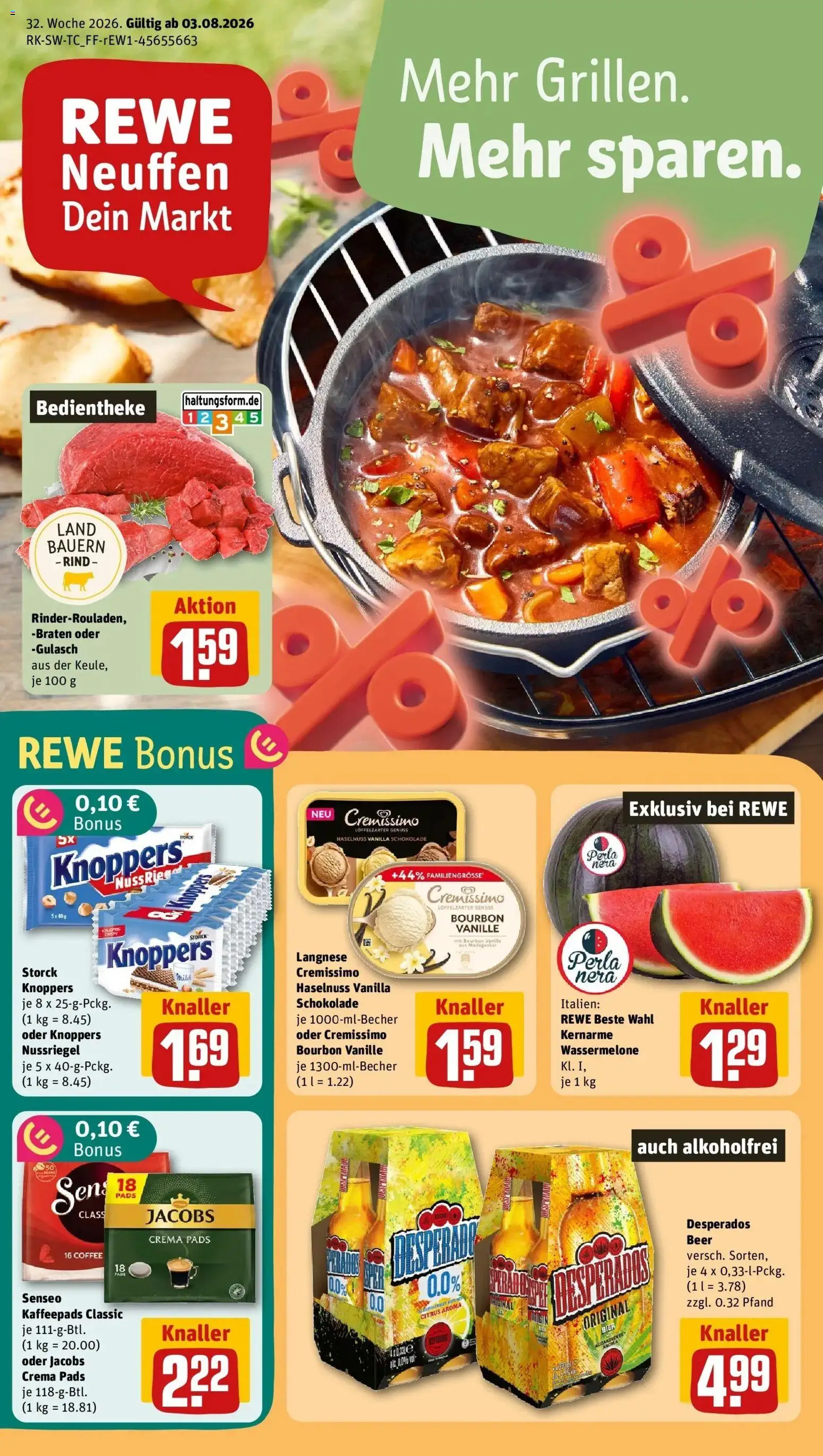 REWE Prospekt ab 03.08.2026 zum Blättern » Angebote | Seite: 1 | Produkte: Langnese, Bier, Vanille, Bourbon
