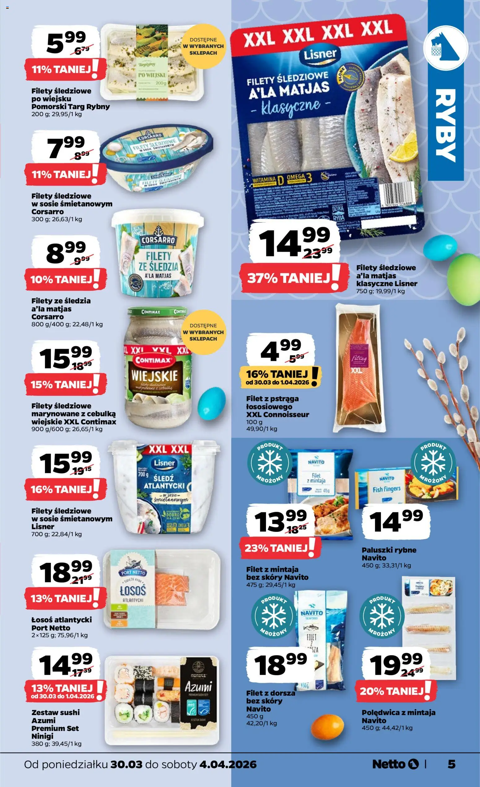Netto gazetka od poniedziałku spożywcza od 30.03.2026 | Strona: 5 | Produkty: Filet z dorsza, Paluszki rybne, Sushi, Zestaw sushi
