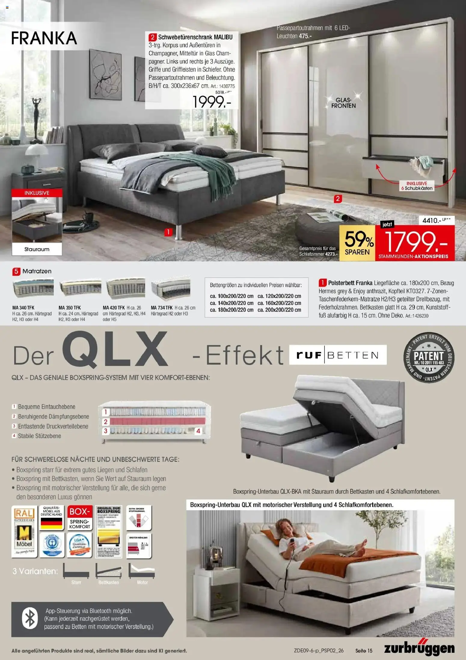 Zurbrüggen - Zurbrüggen: Polstermöbel Spezial (ab 19.09.2026) zum Blättern | Seite: 15 | Produkte: Schwebetürenschrank, Polsterbett, Box, Bilder