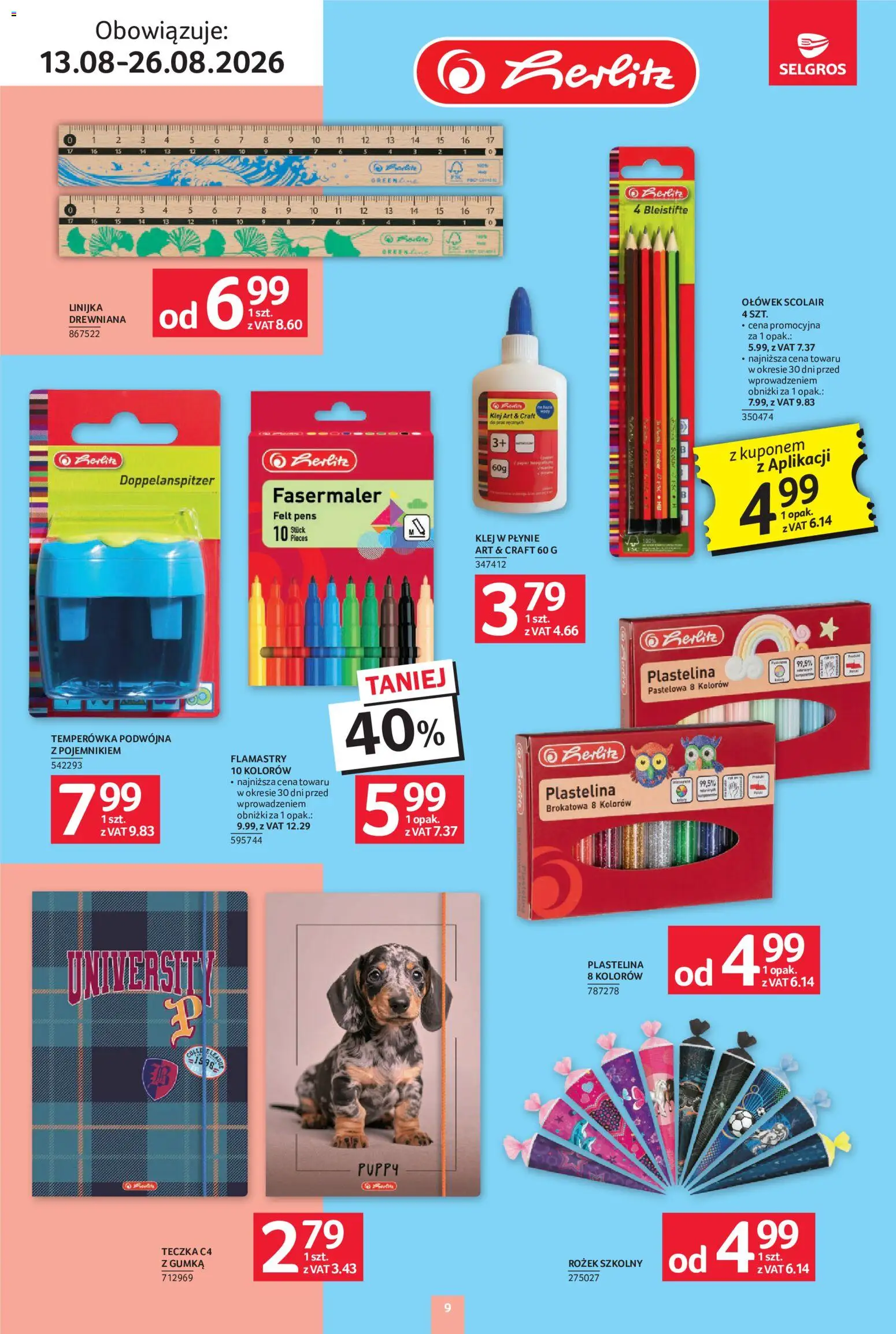 Selgros cash&carry gazetka - Szkola od 13.08.2026 | Strona: 9 | Produkty: Plastelina, Temperówka, Flamastry