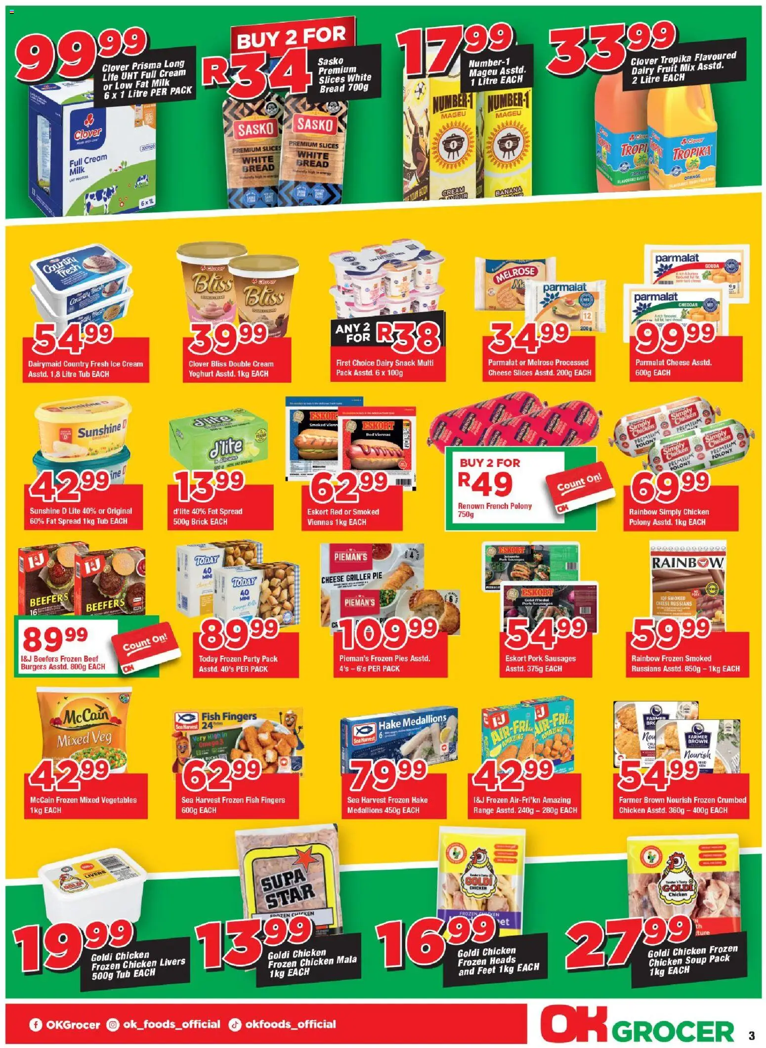 New OK Foods catalogue – valid from 25.05.2026 | Page: 3 | Products: Milk, Cheese, Burgers, Ice cream