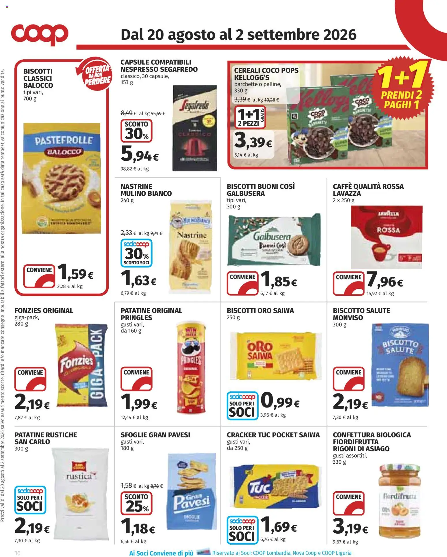 Volantino COOP del 20/08/2026 | Pagina: 16 | Prodotti: Cereali, Data, Cracker, Segafredo