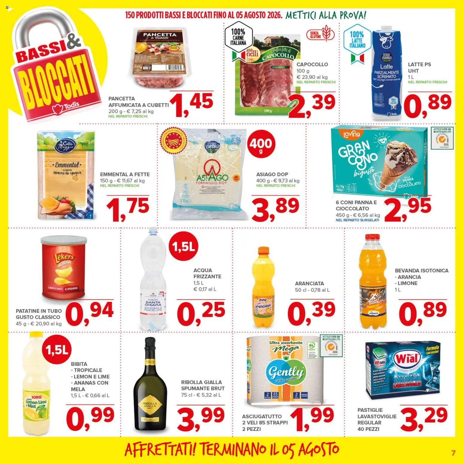 Volantino Todis del 23/07/2026 | Pagina: 7 | Prodotti: Acqua, Latte, Bibita, Asciugatutto