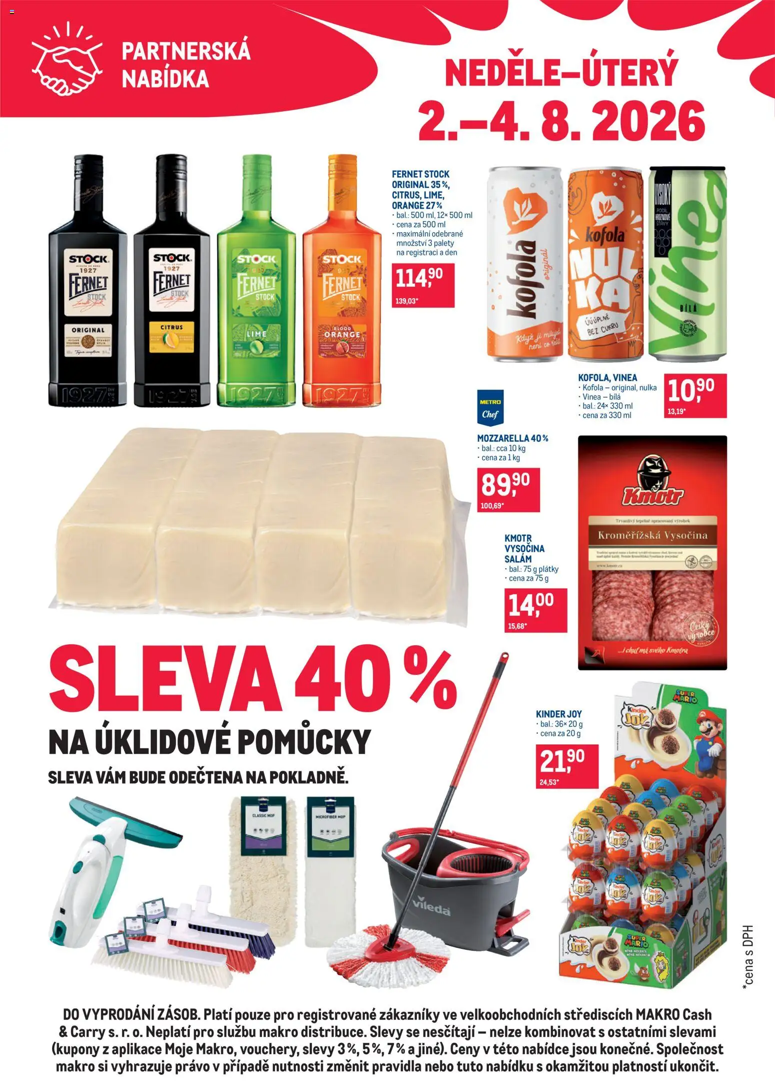 Makro leták - Partnerská nabídka od 02.08.2026 | Strana: 1 | Produkty: Mop, Kofola, Vysočina, Kinder