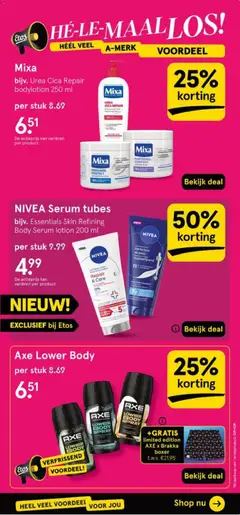 Mixa bijv. Urea Cica Repair bodylotion 250 ml, A white bottle of Mixa Urea Cica Repair bodylotion and other Mixa creams in tubs. - Voorbeeld van een folder van Etos, geldig van 01.06.2026 | Pagina: 29