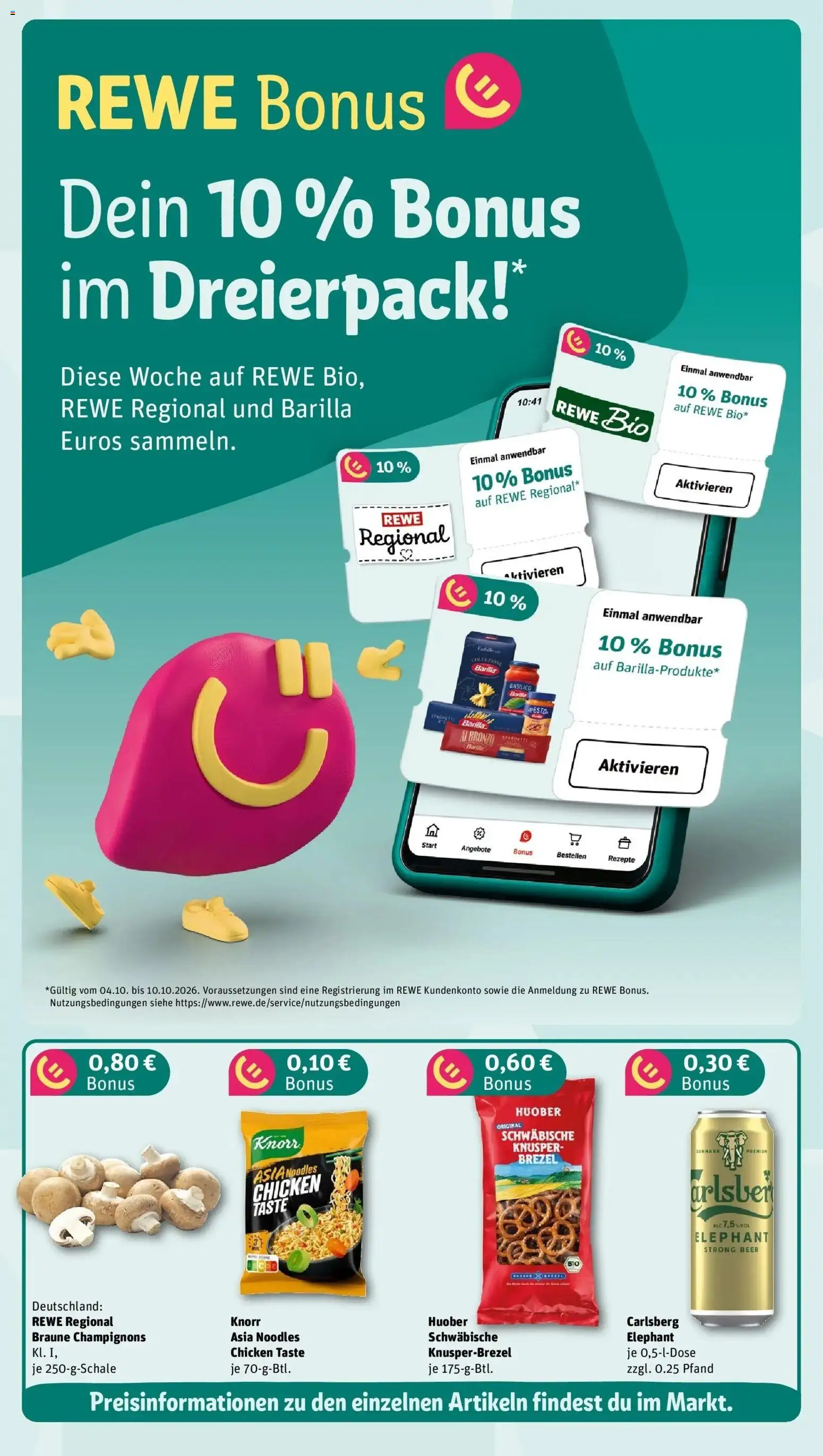 REWE Prospekt ab 05.10.2026 zum Blättern » Angebote | Seite: 5 | Produkte: Carlsberg, Barilla, Knorr, Champignons
