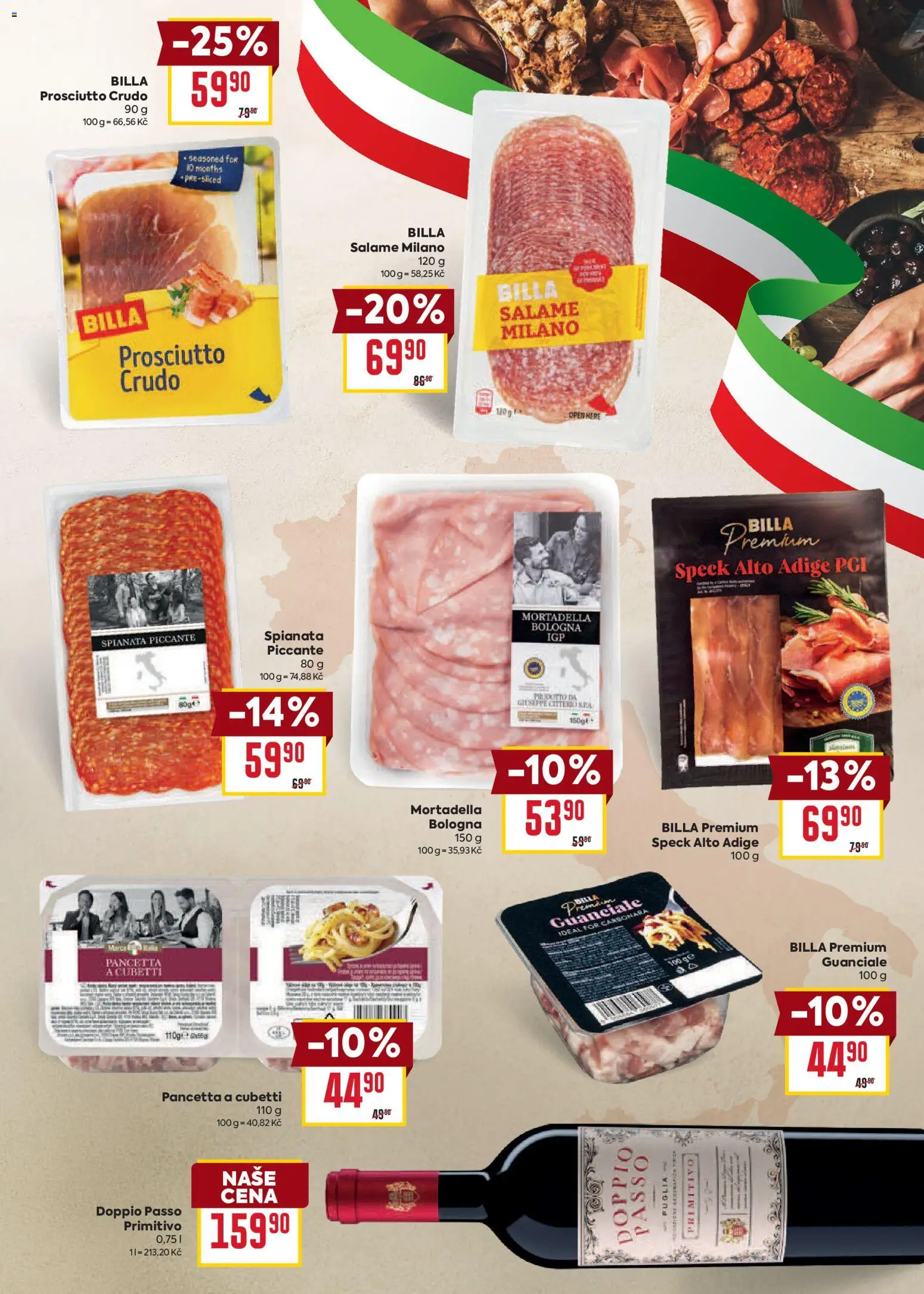 Billa - BILLA.cz - Katalog: Itálie 30. 9. 2026 - 20. 10. 2026 od 30.09.2026 | Strana: 3 | Produkty: Prosciutto crudo, Primitivo, Guanciale, Mortadella