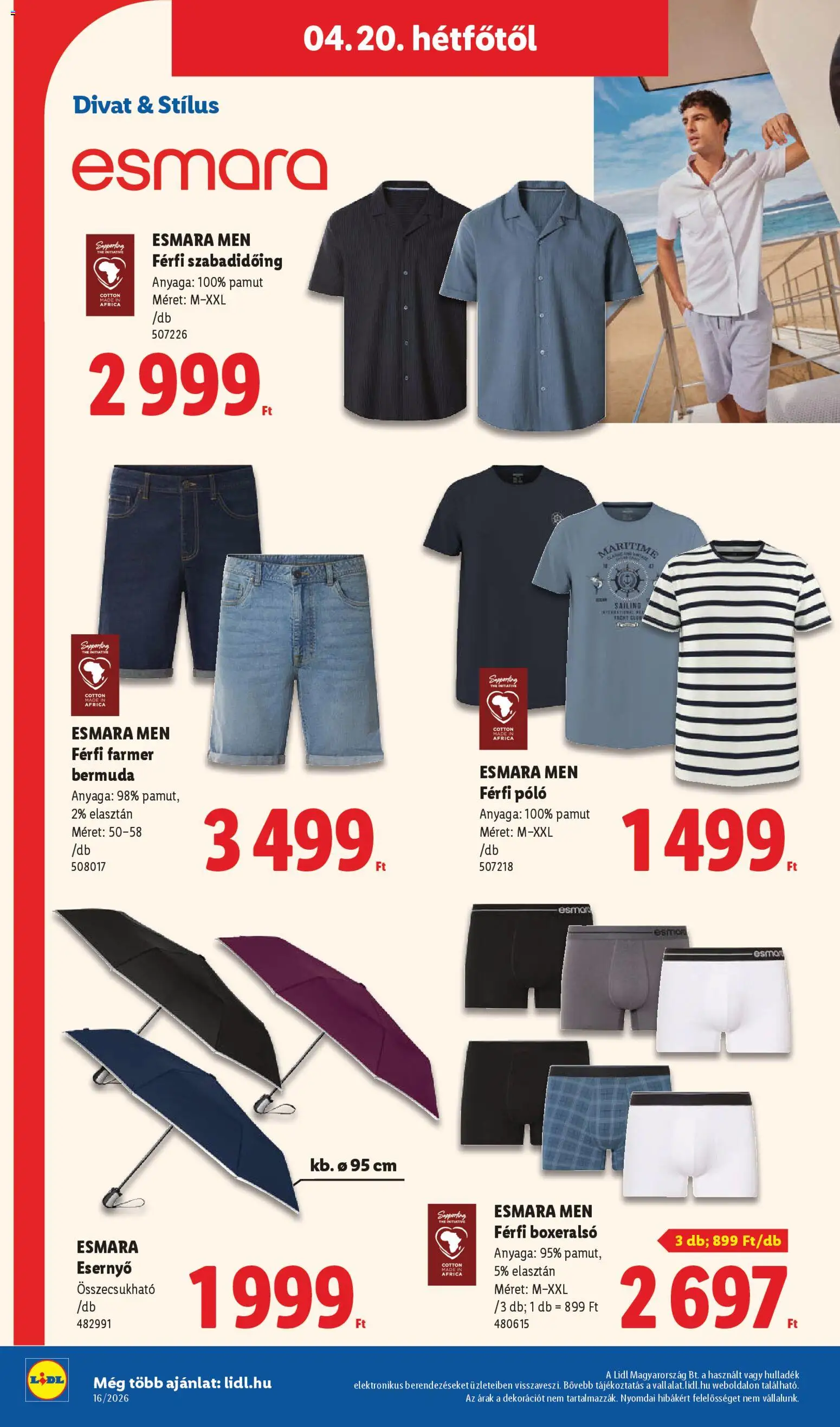 Lidl akciós ujság - amely érvényes a következő dátumtól: 16.04.2026 | Oldal: 40 | Termékek: Esernyő, Farmer, Boxeralsó