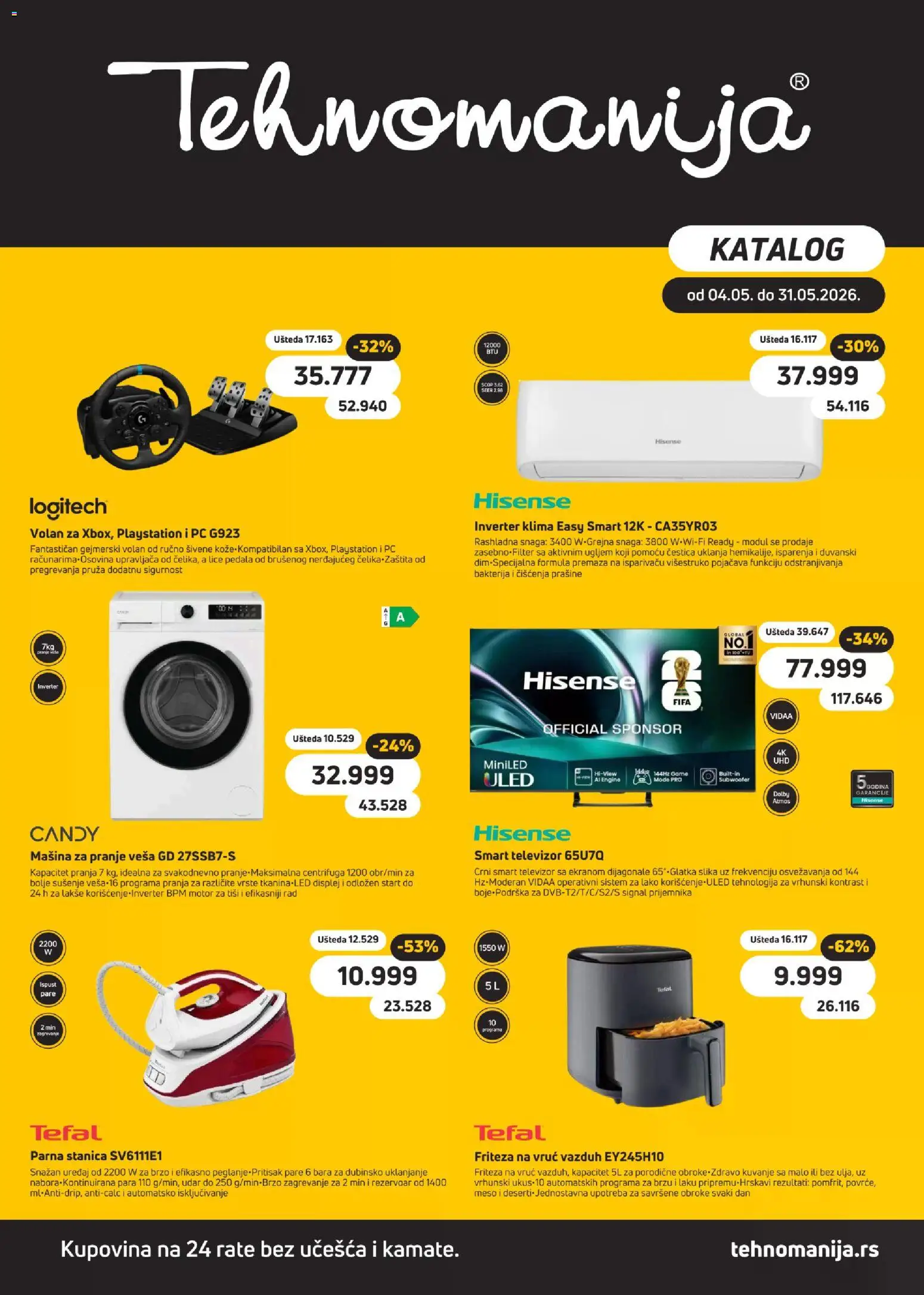 Tehnomanija katalog - važi od 04.05.2026 | Strana: 1 | Proizvode: Playstation, Mašina za pranje veša, Candy, Parna stanica