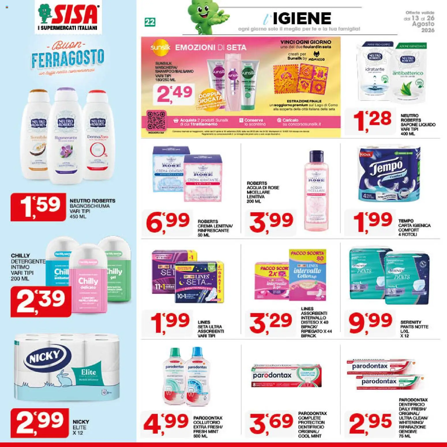 Volantino SISA del 13/08/2026 | Pagina: 22 | Prodotti: Maschera, Sapone, Dentifricio, Assorbenti