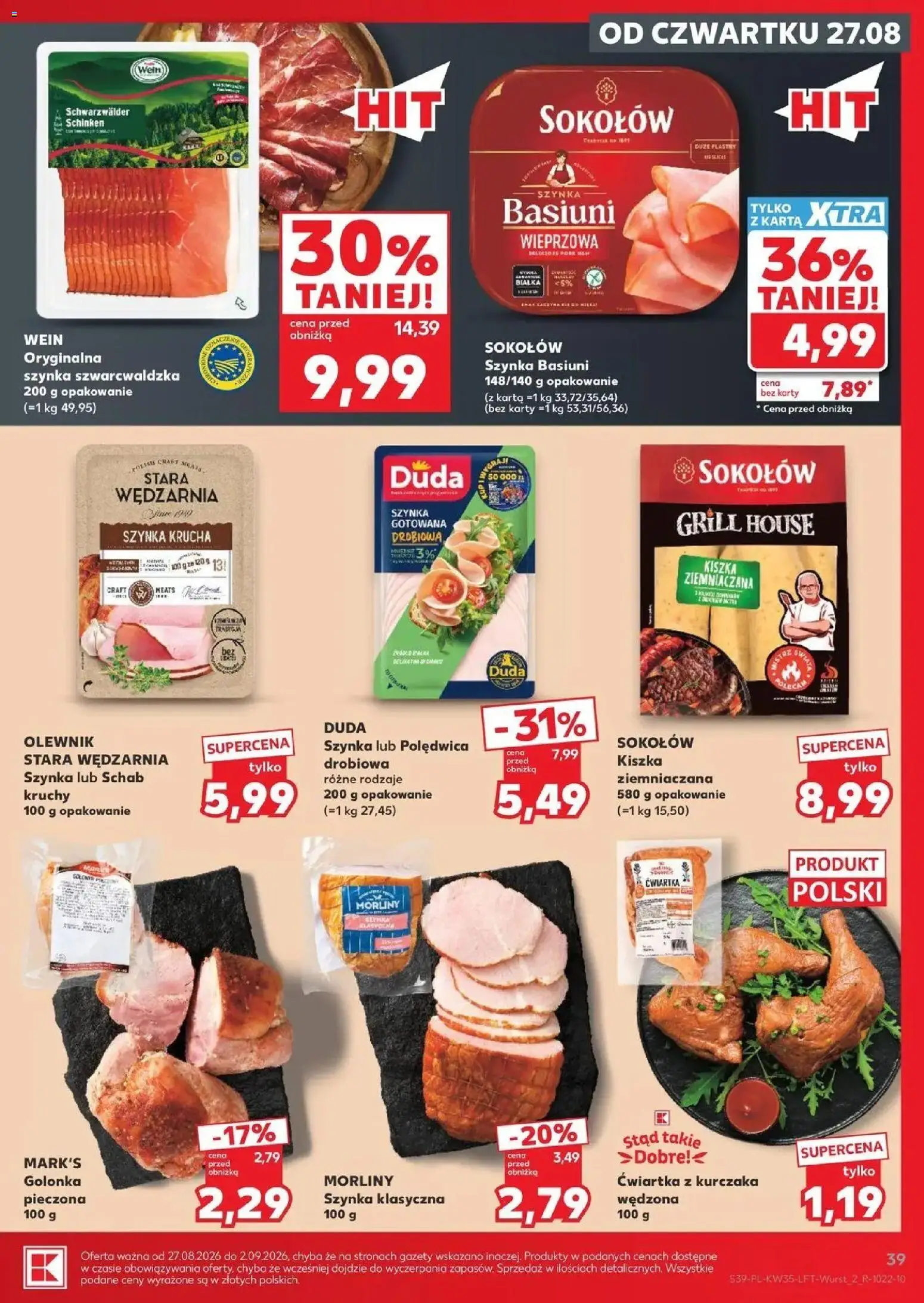 Kaufland gazetka od 27.08.2026 - od jutra PDF | Strona: 39 | Produkty: Karta, Schab, Kiszka ziemniaczana, Grill
