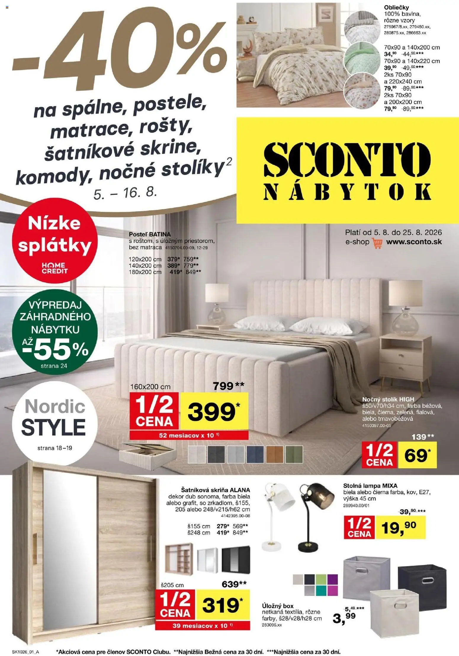 Nové Sconto nábytok akcie – leták je platný od 05.08.2026 | Strana: 1 | Produkty: Nábytok, Obliečky, Šatníková skriňa, Skriňa