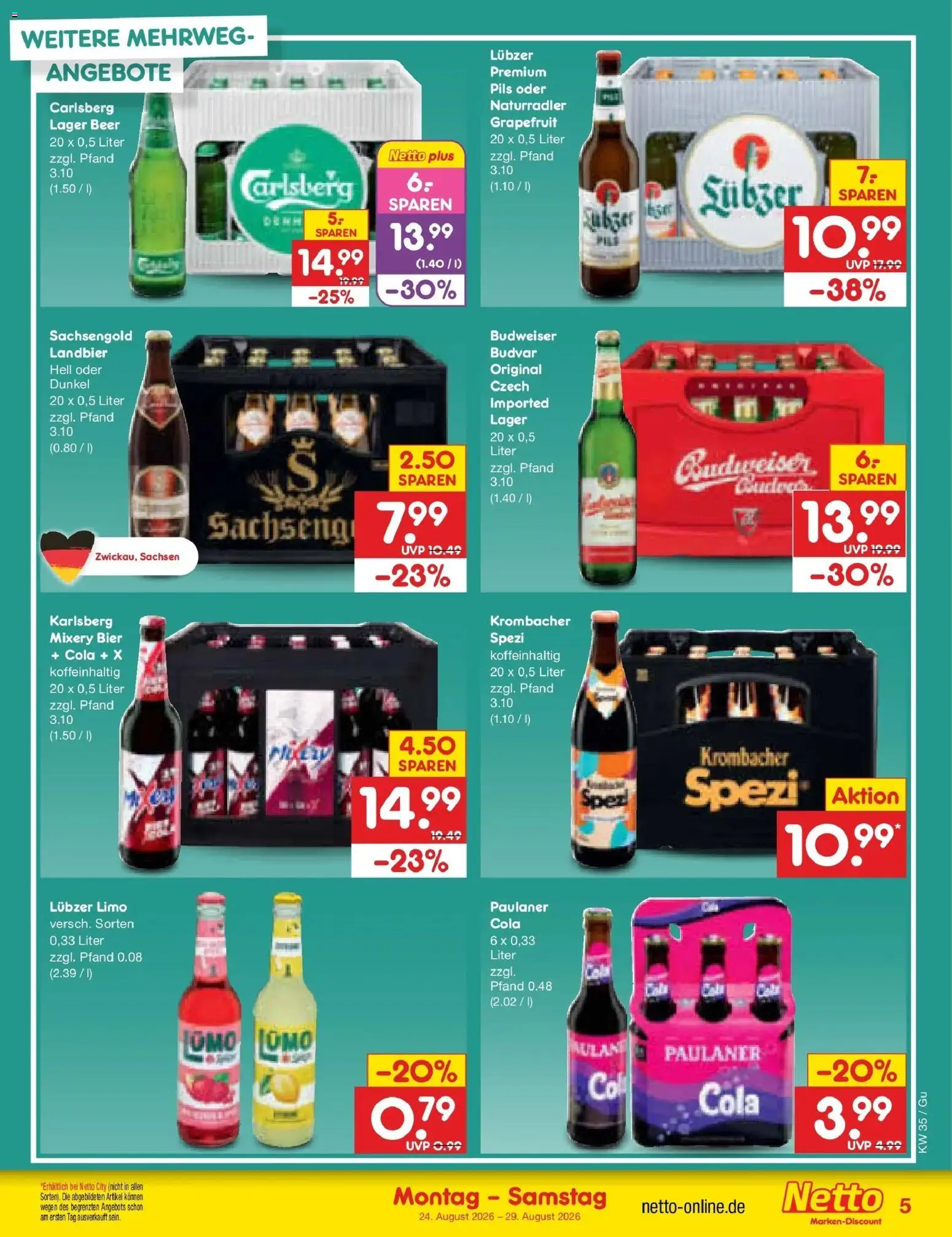 Netto Marken-Discount Prospekt Machern (ab 24.08.2026) » Angebote | Seite: 5 | Produkte: Pils, Grapefruit, Budweiser, Lubzer