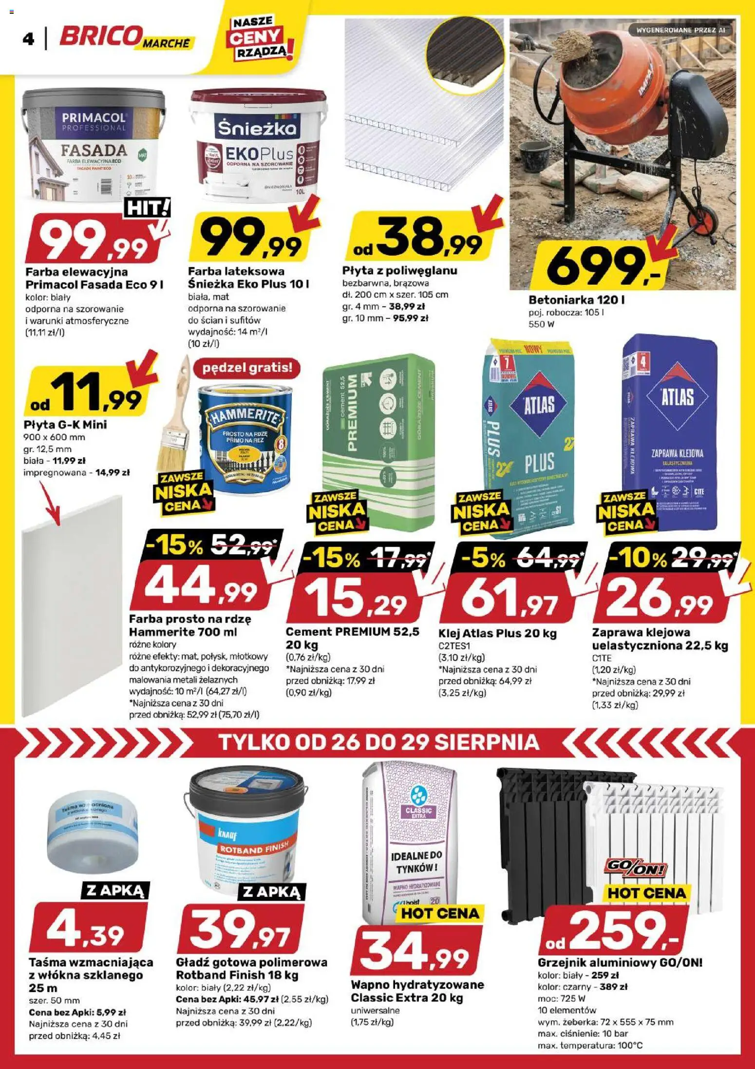 Brico Marché gazetka od 26.08.2026 | Strona: 4 | Produkty: Pędzel, Żeberka, Cement, Śnieżka