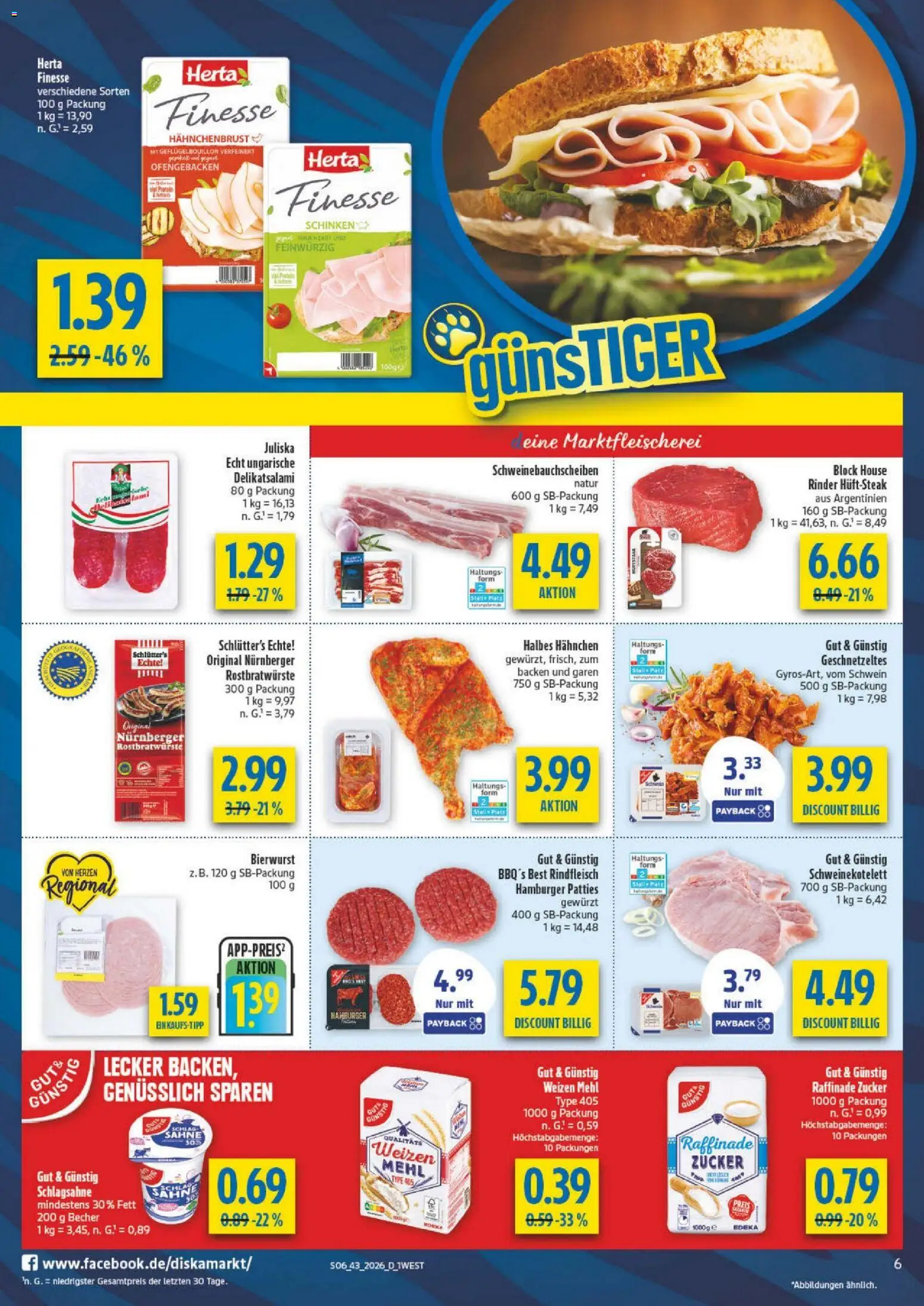 Diska Bayern – gültig ab 19.10.2026 | Seite: 6 | Produkte: Schlagsahne, Zucker, Schinken, Rindfleisch