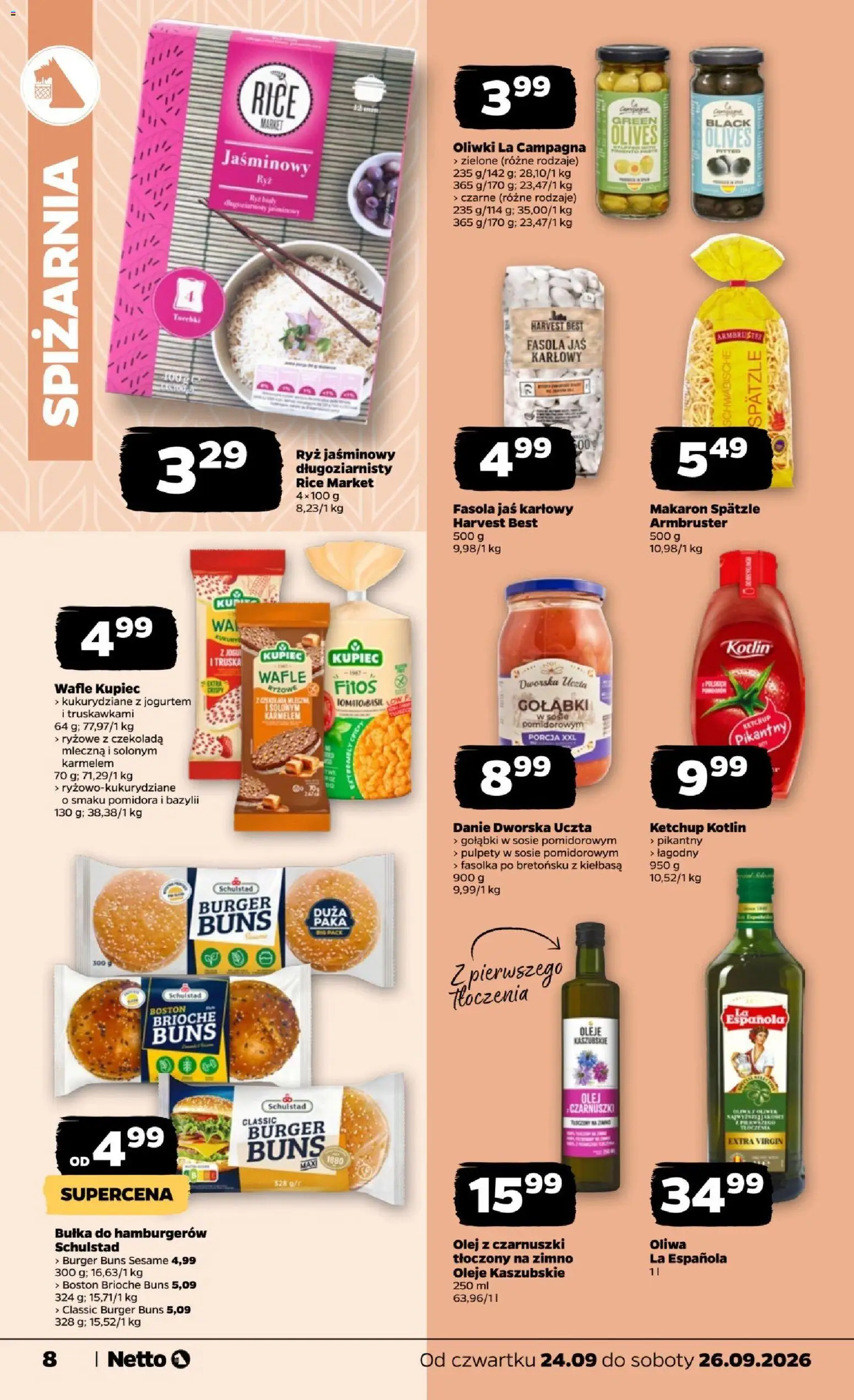 Netto gazetka od czwartku od 24.09.2026 | Strona: 8 | Produkty: Kiełbasa, Oliwki, Czekolada, Makaron