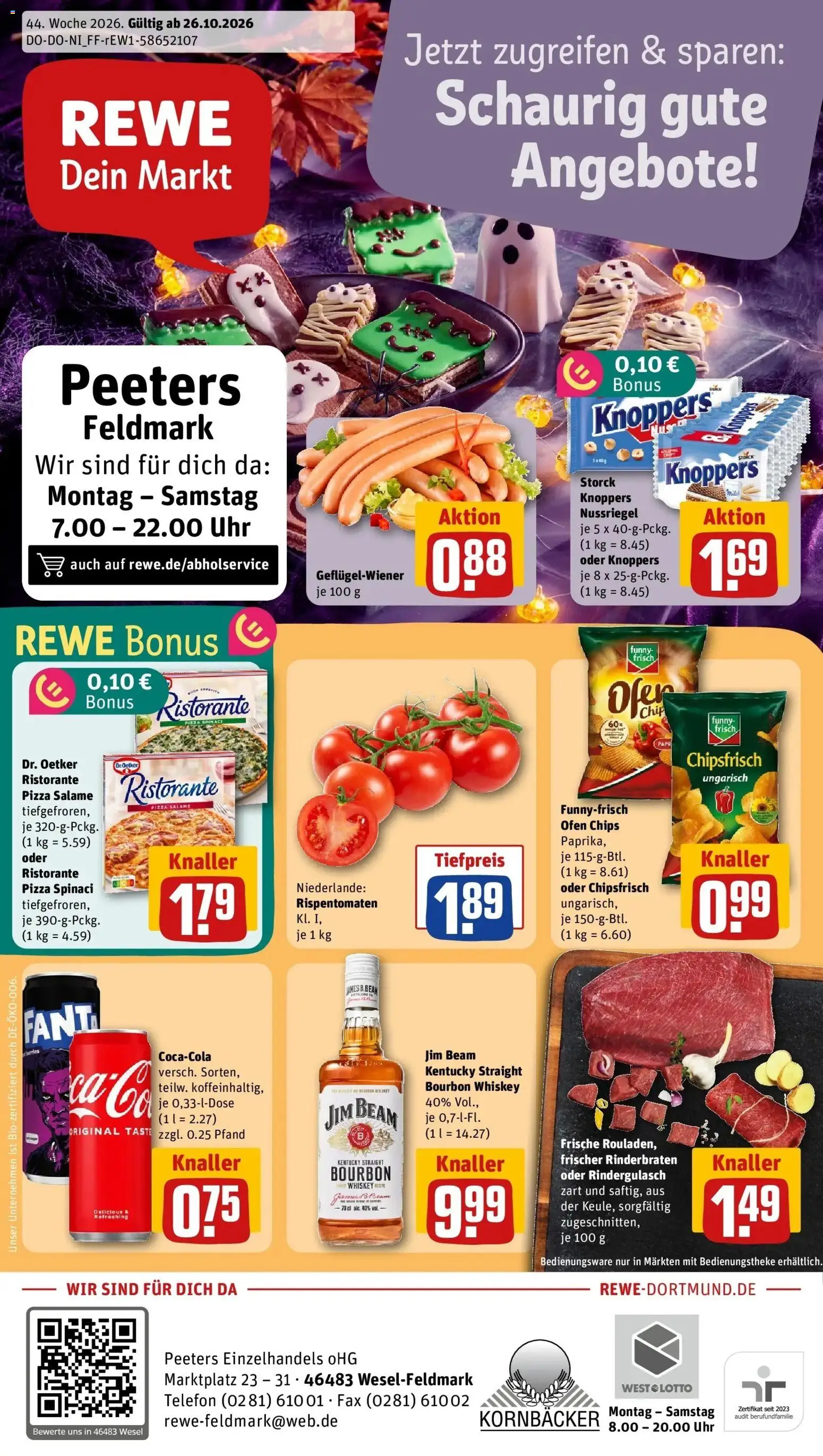 REWE Prospekt ab 26.10.2026 zum Blättern » Angebote | Seite: 1 | Produkte: Rinderbraten, Jim beam, Whiskey, Telefon